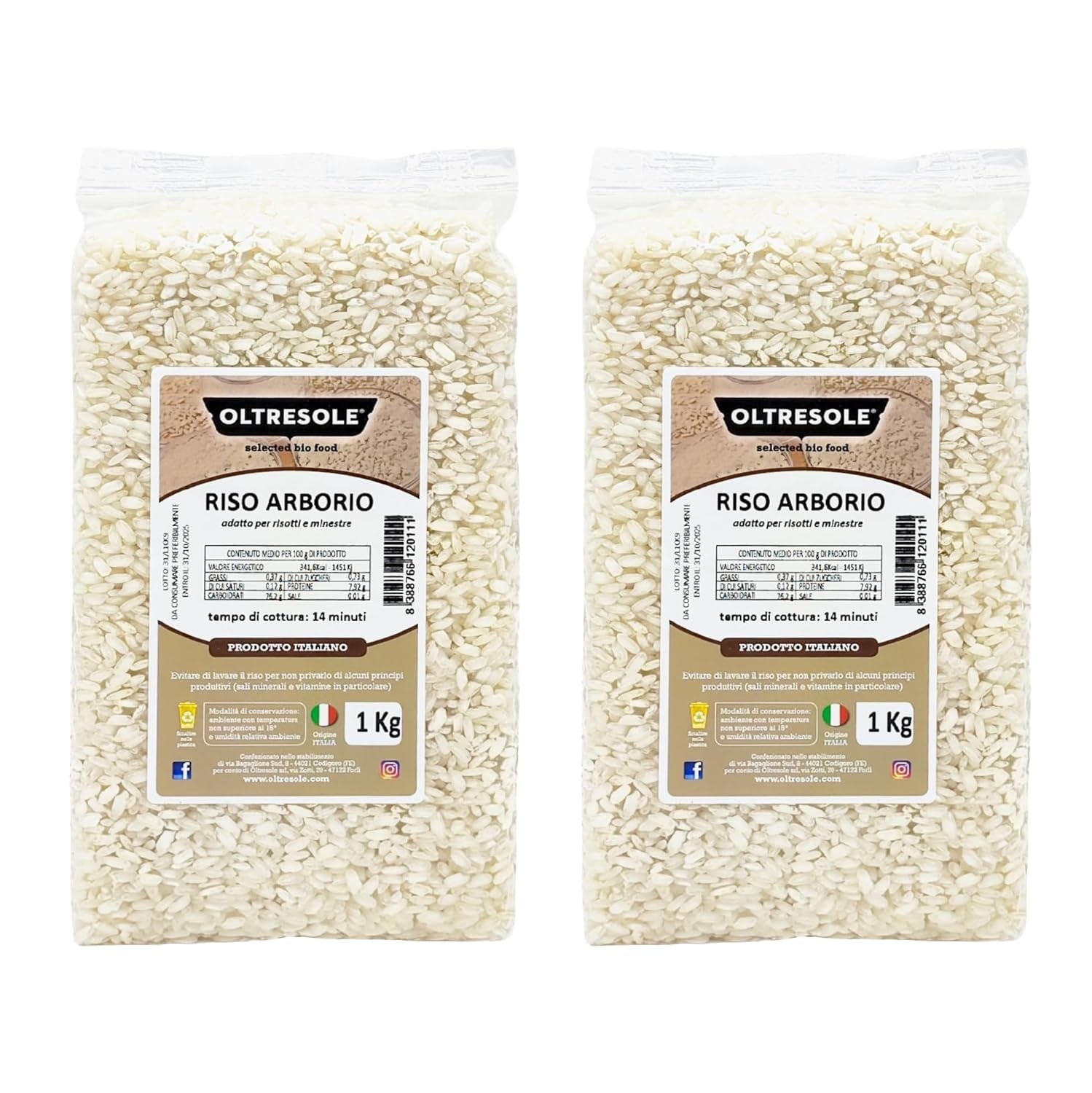 Hantverksmässigt italienskt Arborio-ris, storkornigt och stärkelsehaltigt ris, perfekt för soppor, risottos och rissallader, vakuumförpackad i 2 1 kg påsar