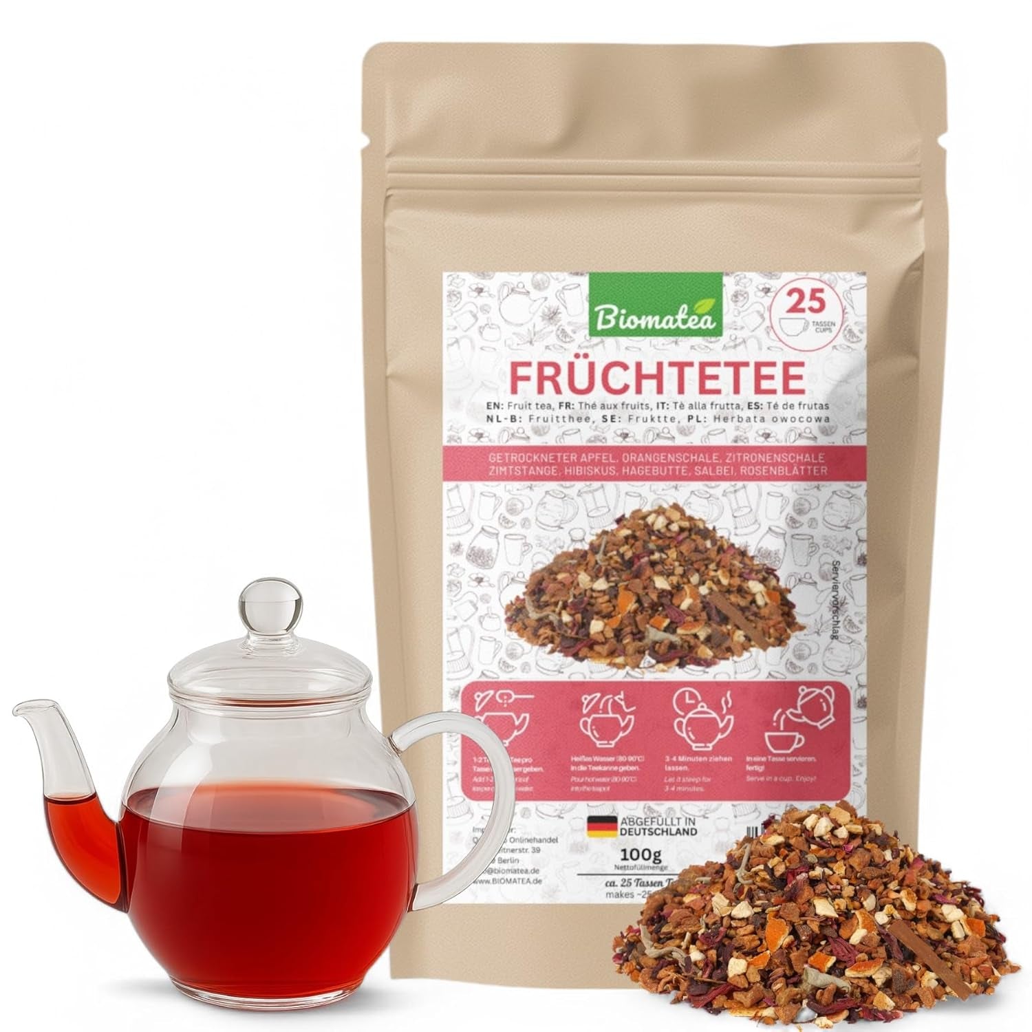 Fruktte – 100g Smaksatt fruktblandning med äpple, hibiskus och kanel – Ziplock-påse, ca. 25 koppar – Inga tillsatser, förpackad i Tyskland