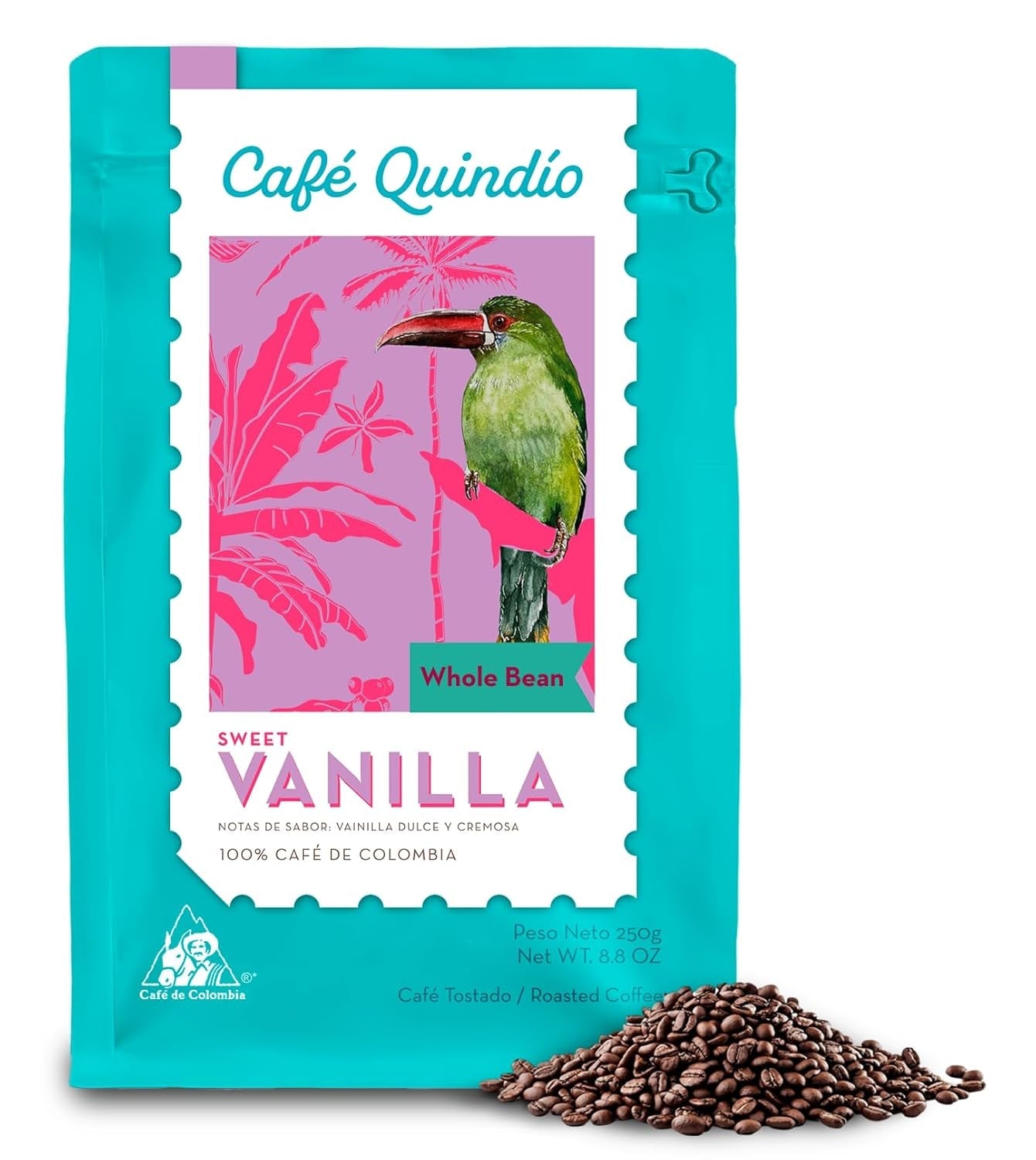 Cafe Quindio Specialty Coffee - 100 % Arabica kaffebönor, Colombia - med naturliga toner av söt vanilj (250g) - perfekt för filterkaffe, portafiltermaskiner eller fransk press
