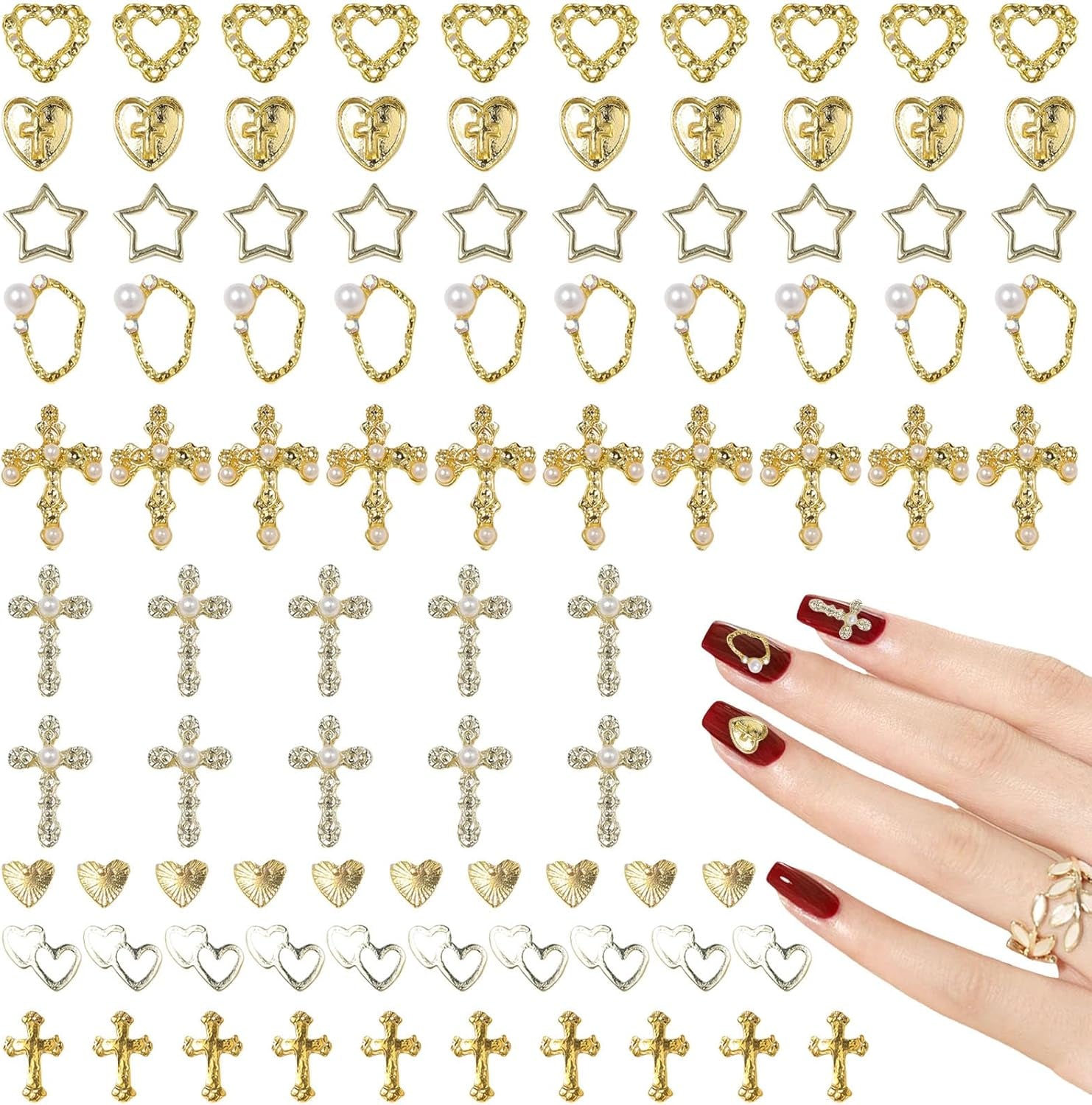 Guld Nail Charms 80st Cross Rose Heart Virgin Mary Nail Gems Metalllegering Nageltillbehör för manikyr Designdekorationer DIY-hantverk