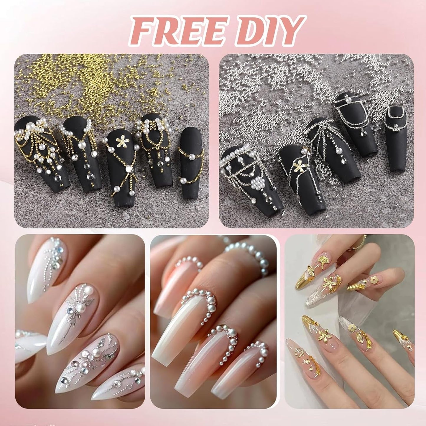 Nail Key Chains 4 Box Set - 48 typer Guld & Silver 3D Nail Key Chains (Fjärilar, Blommor, Pärlor, etc.) + Pincett & Penna - För DIY Gel & Akrylnaglar | Ideal for nail salon and home