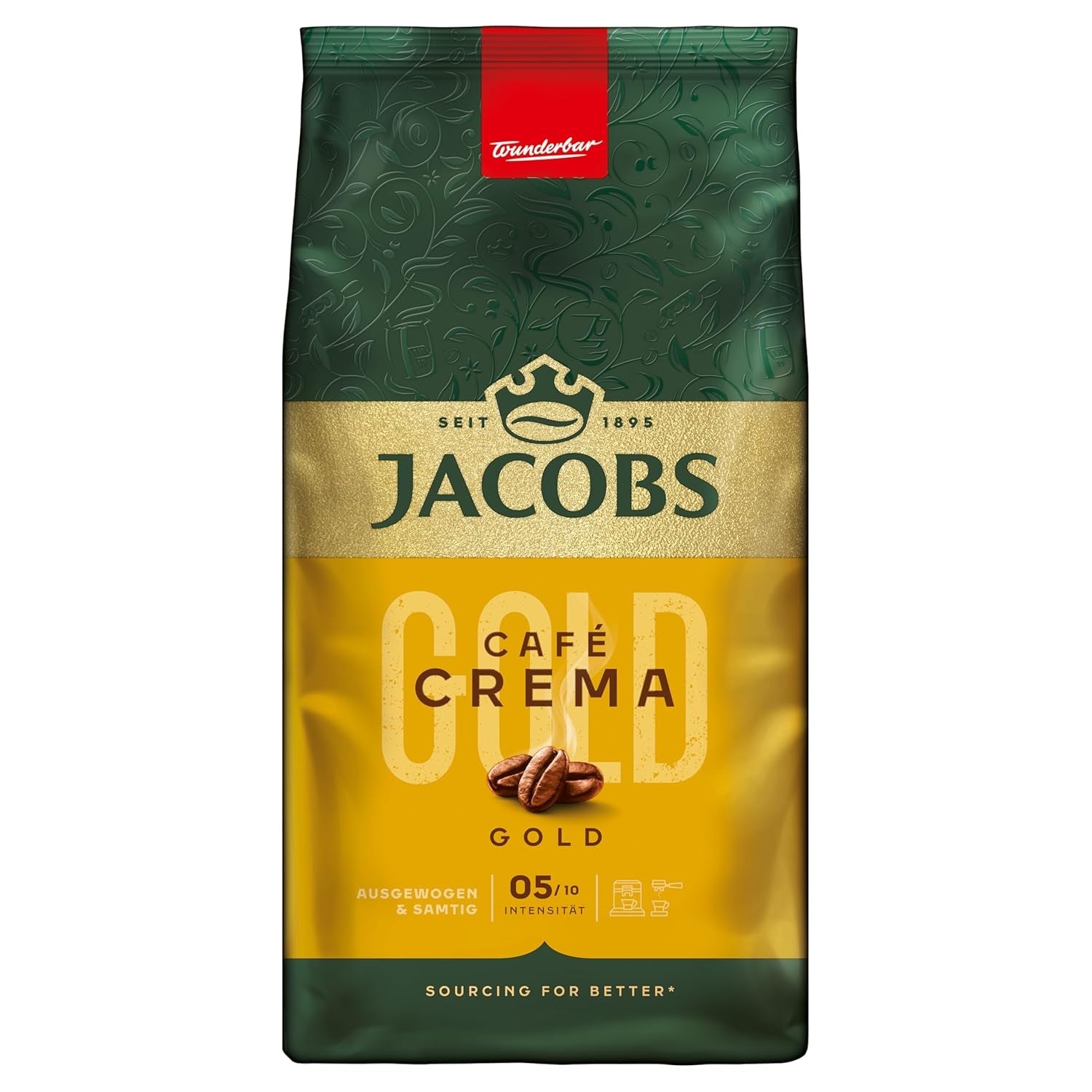 Jacobs Café Crema Gold Kaffeebohnen 1Kg – Vollmundig, Aromatisch, Fruchtige Noter, Arabica & Robusta Bohnen, Intensität 5/10, Perfekt för Café Crema Naty Shop Crema Gold 1 Kg