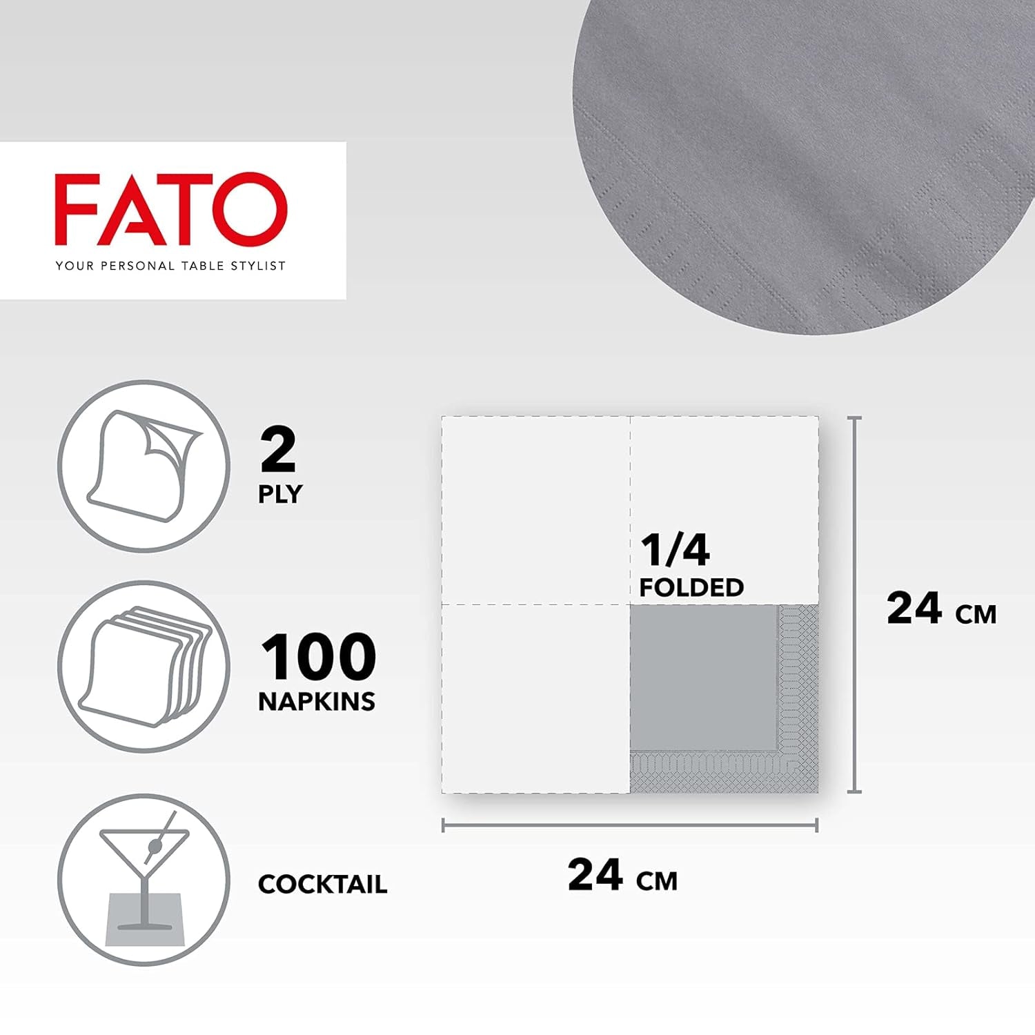 - Engångspappersservetter, Idealisk för aptitretare och cocktails, Paket med 100 servetter, Storlek 24X24, Vikt 4 gånger, 2 lager, Grå färg, 100 % rent cellulosapapper, Fsc-certifikat
