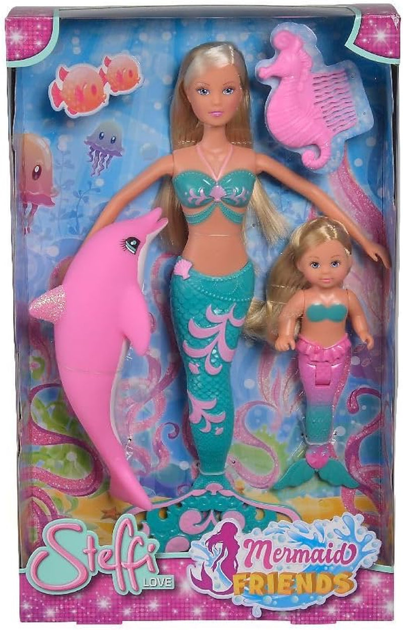 Simba 105733336 - Steffi Love Mermaid Friends, Magisk sjöjungfrudocka med syster Evi, delfinfigur med mera, leksak för barn från 3 år och uppåt