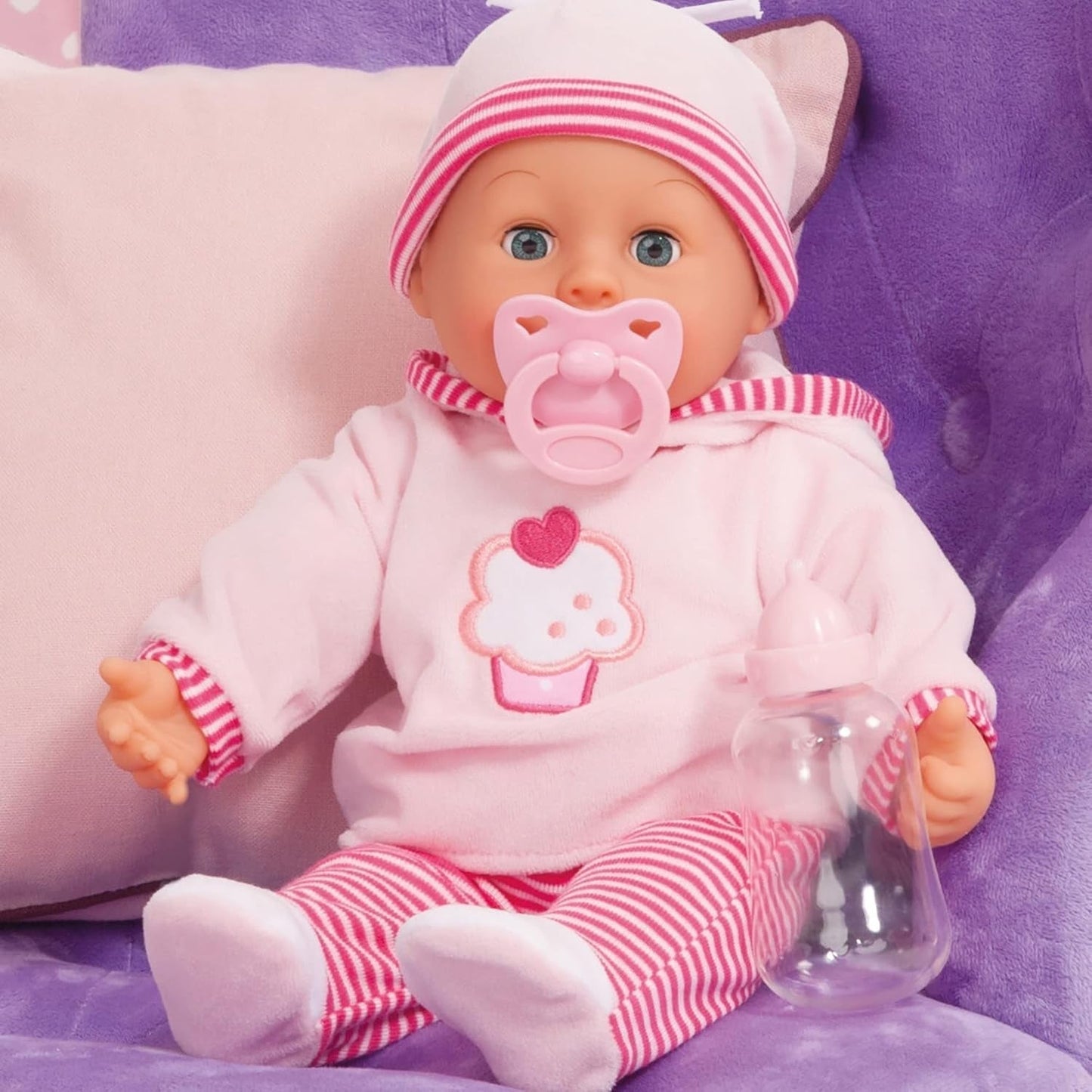 First Words docka med sömniga ögon, talar 24 babyljud, med docka och flaska, 38 cm, rosa/ränder Naty Shop Dolls