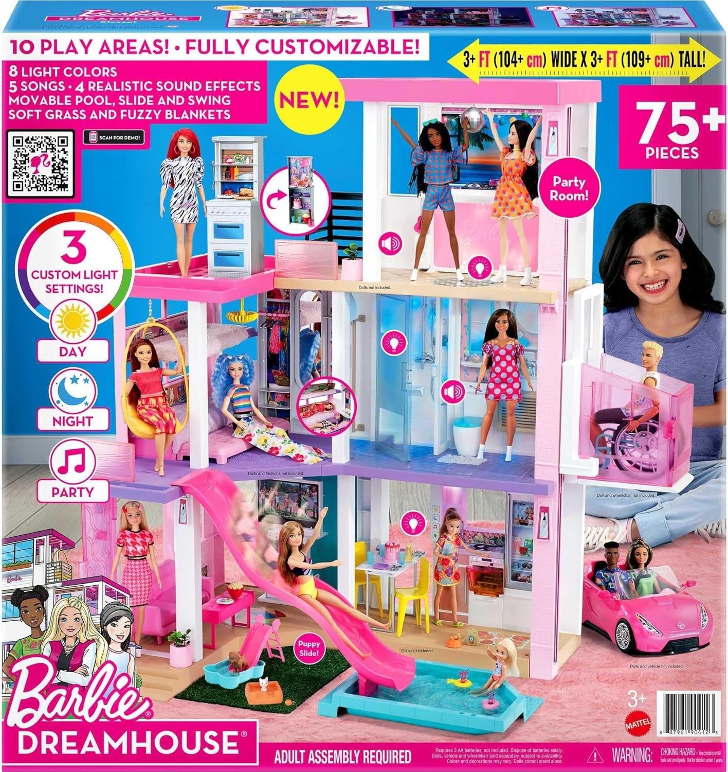 Barbie Dream House (114 cm), 3-vånings dockhus, pool, rutschkana, rullstolslift, 75 tillbehör, dockor, lämplig som present till barn från 3 år och uppåt, GRG93
