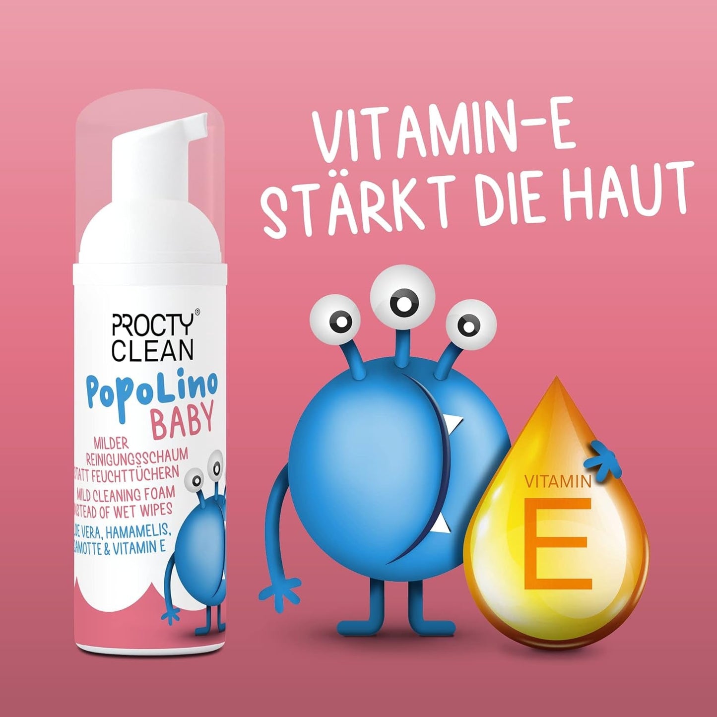 PopoLino Baby mjukt bottenskum istället för våta babyservetter. Veganskt och naturligt kosmetiskt rengöringsskum! Bottenskum med aloe vera, trollhassel, bergamott och vitamin E. Gör bottnar och miljön glad.