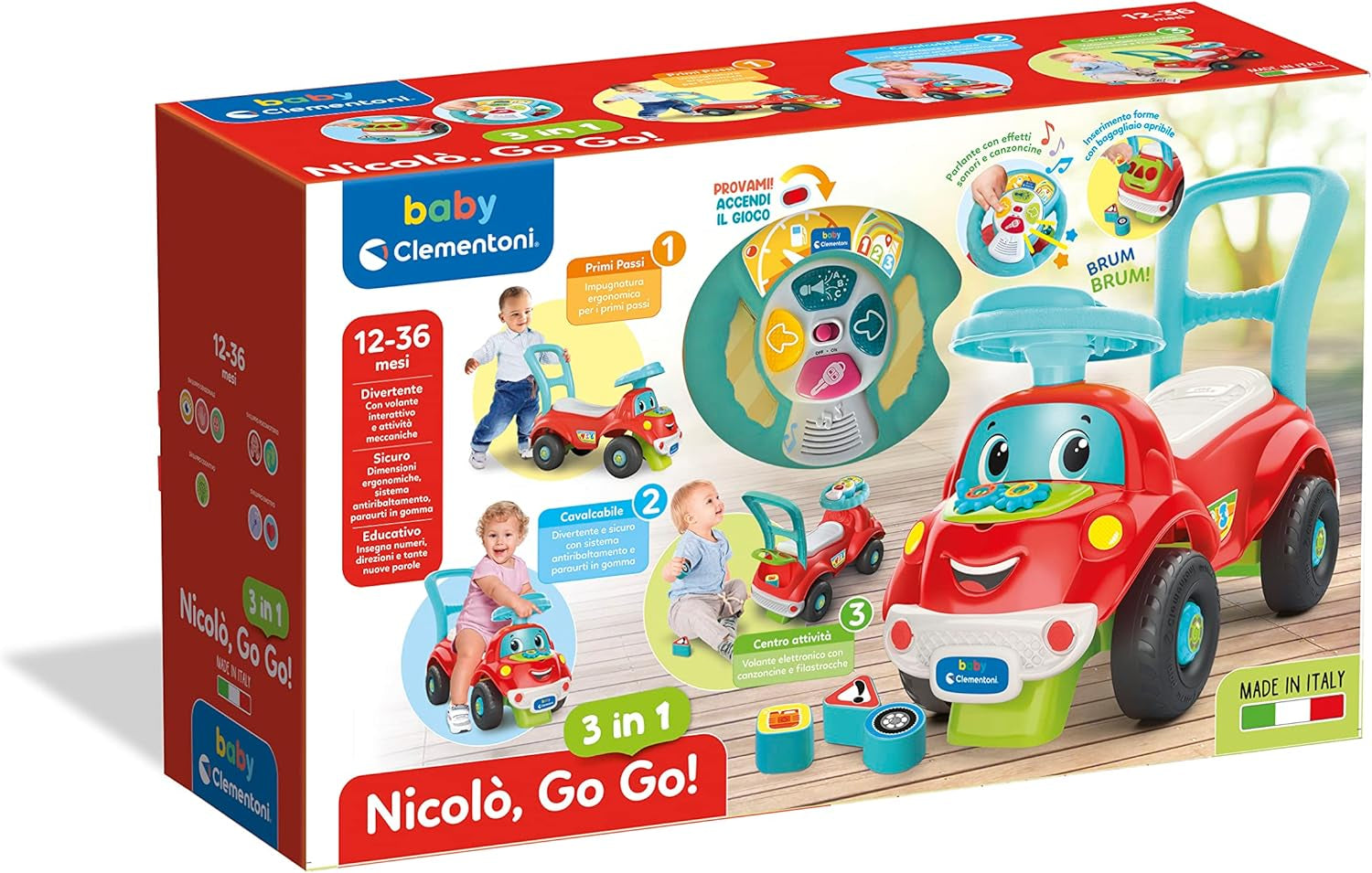 Clementoni - 17747 - Nicolò Go Go 3 i 1 - Åkbil, elektronisk inlärningshögtalare, första steg, ljus och ljud, spel för 1-åringar - Tillverkat i Italien Bebe Toys Naty Shop