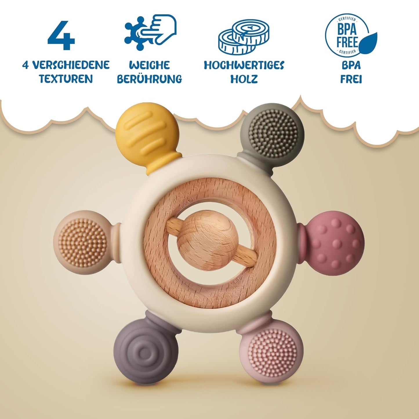 Babybitring med nappkedja - Tandningshjälp - Babyleksak 0-6 månader - Nyfödda Essentials - BPA-fri barnleksak - presentidéer för spädbarn