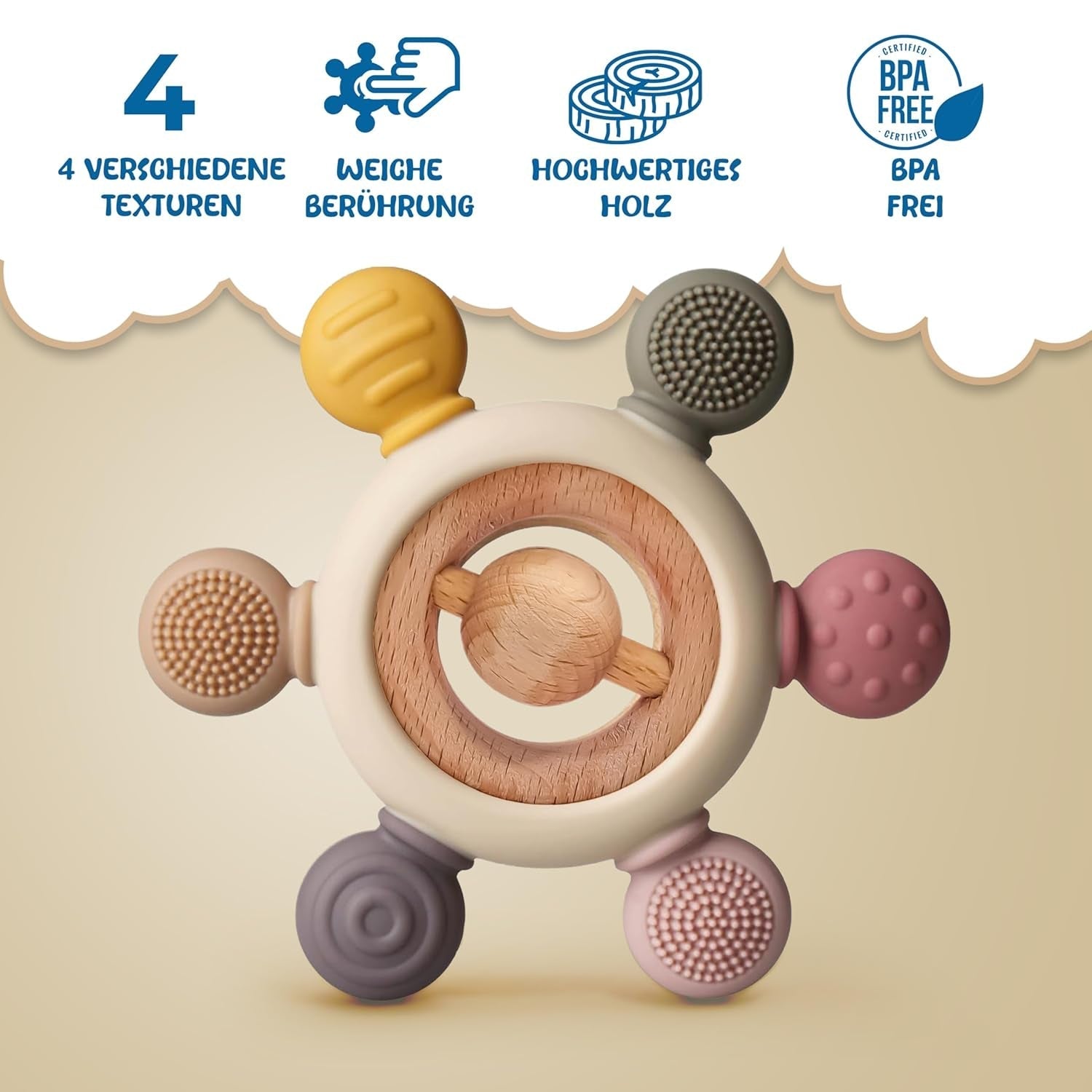 Babybitring med nappkedja - Tandningshjälp - Babyleksak 0-6 månader - Nyfödda Essentials - BPA-fri barnleksak - presentidéer för spädbarn