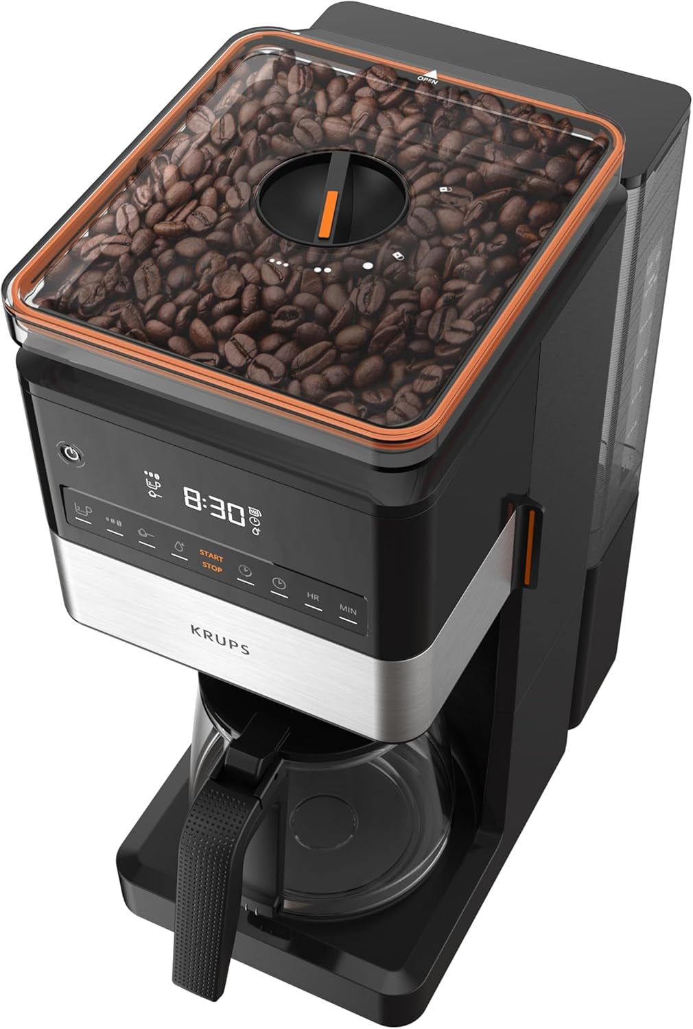 KRUPS Grind Aroma XL Espressobryggare, löstagbar konisk kvarn, Digital kontrollpanel, XL Kapacitet (1,5 L), Håll varm funktion, Glaskaraff, Svart/rostfritt stål, KM842810