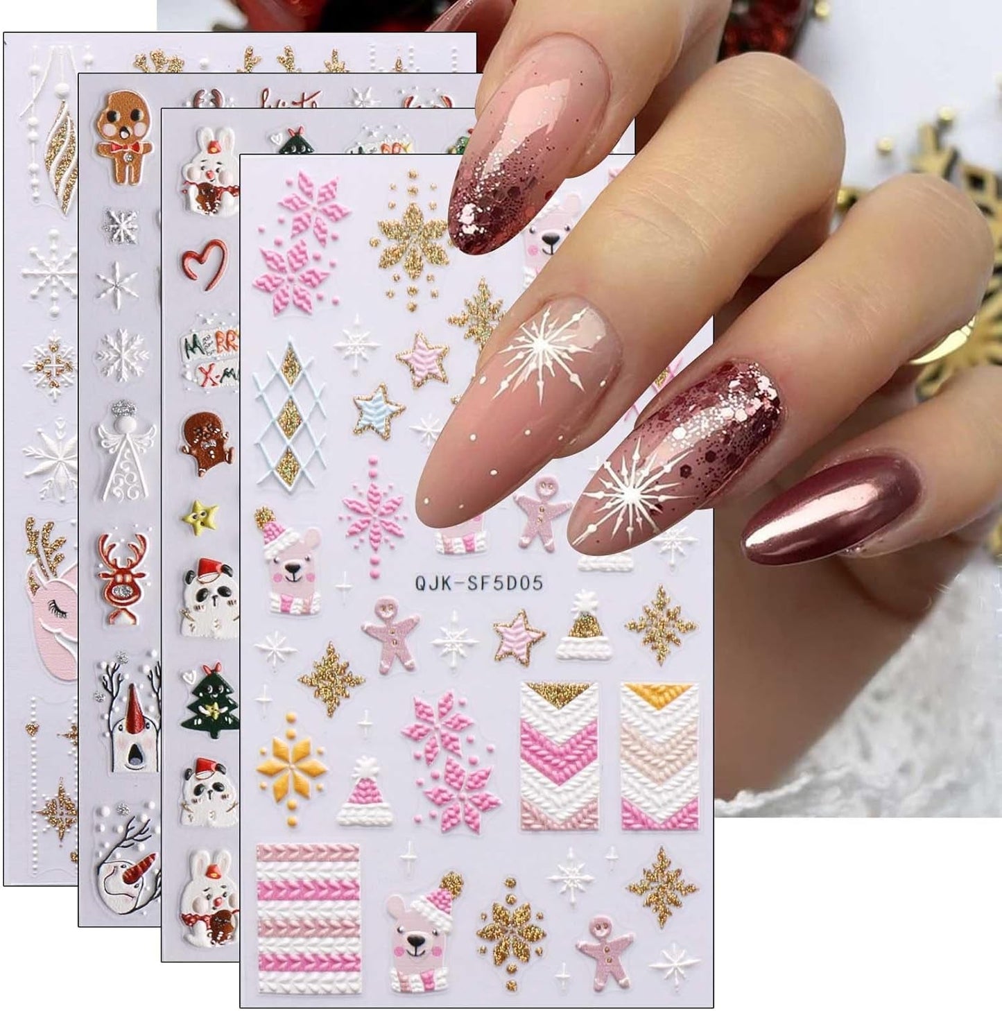 Jul 3D Nagelklistermärken 4 ark 5D Nagelklistermärken Stereoskopiska Nagelklistermärken Dekorationer Nageldesign Tillbehör