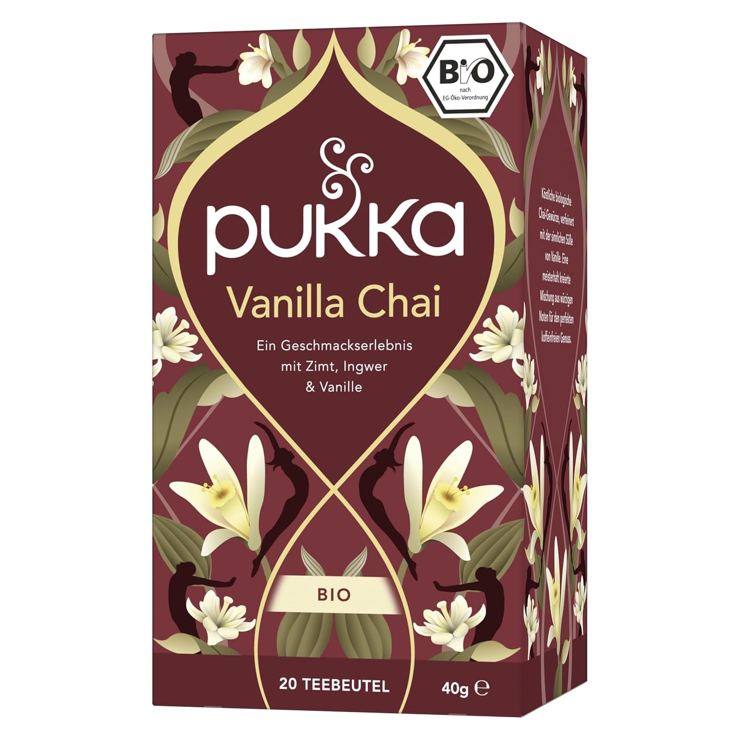 Pukka | Blandning av ekologiska smaksatta teer "Vanilla Chai" | Kanel, ingefära och vanilj | Te för en njutning med naturlig sötma | Förpackning om 1 | 20 tepåsar