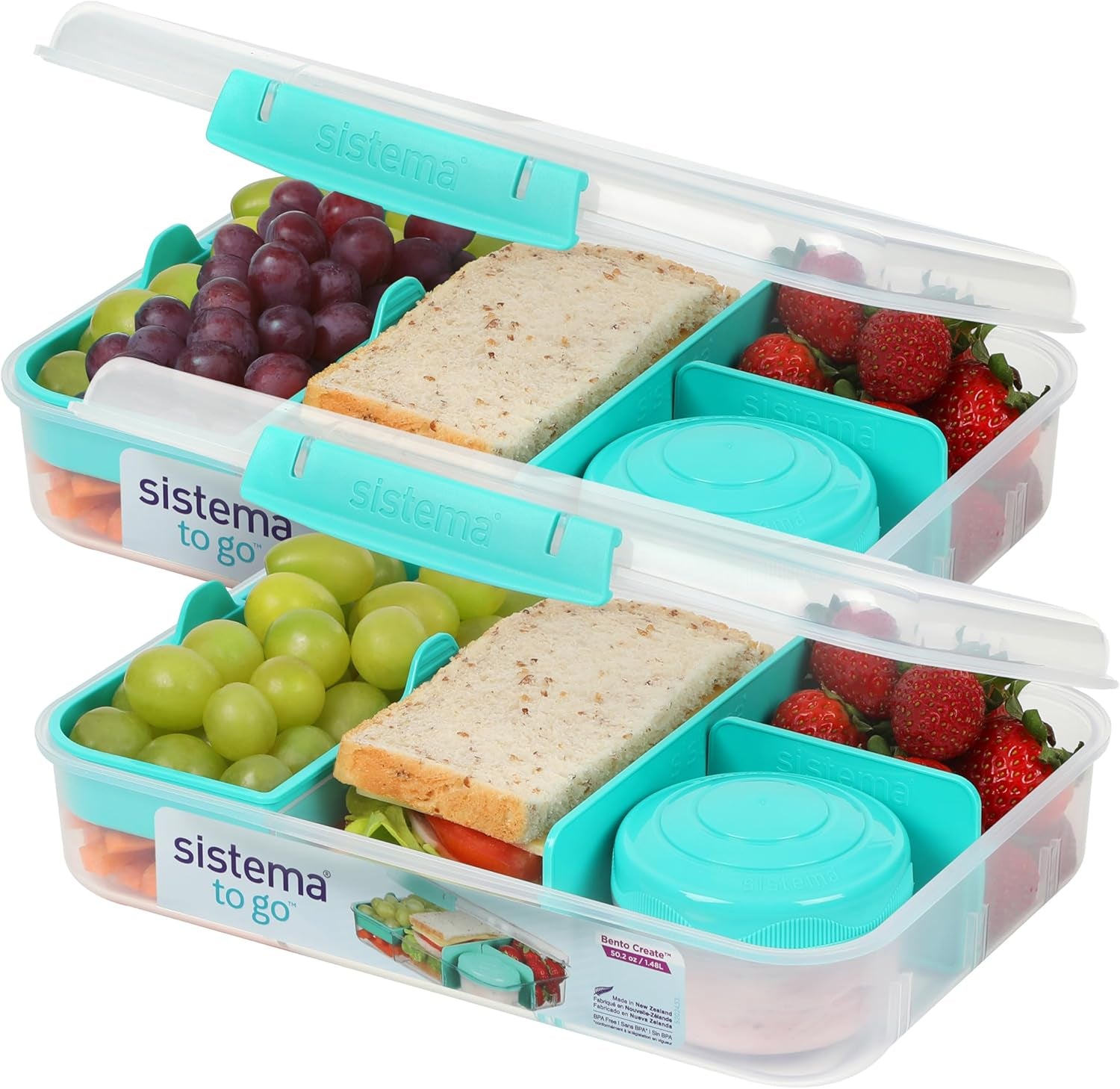 Bento Box TO GO matlådesystem med fack | 1,25 L matlåda med yoghurt/fruktbehållare | för barn och vuxna l | BPA-fri Minty Teal [21685-8T], mintgrön Matförvaringslådor Naty Shop Minty Teal 2 X 1,48 LITER