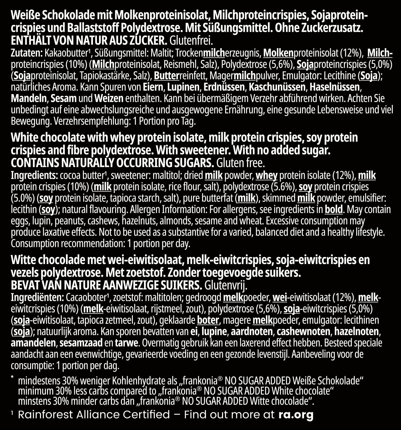 frankonia CHOCOLAT POWER MOTION utan tillsatt socker - Krisig vit choklad med högt protein- och låg kolhydrathalt, 90 g