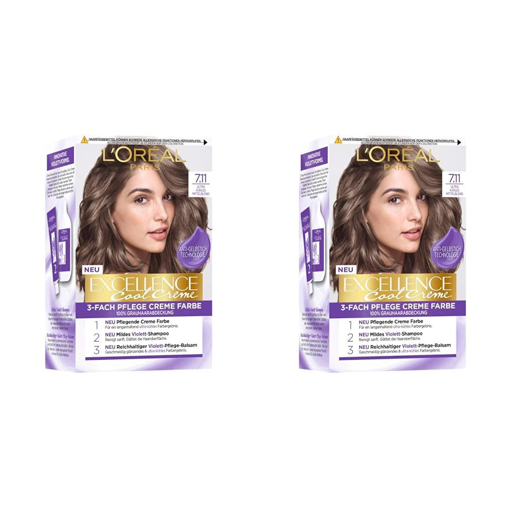 L'Oréal Paris Permanent hårfärgning med ultracoolt färgresultat, 100 % täckning av grått hår, satt med färg, schampo och vårdkräm, Excellence Cool Creme, nr. 7.11 Ultra Cool Medium Blond (Blond) Naty Shop Hair Dye Standardtitel