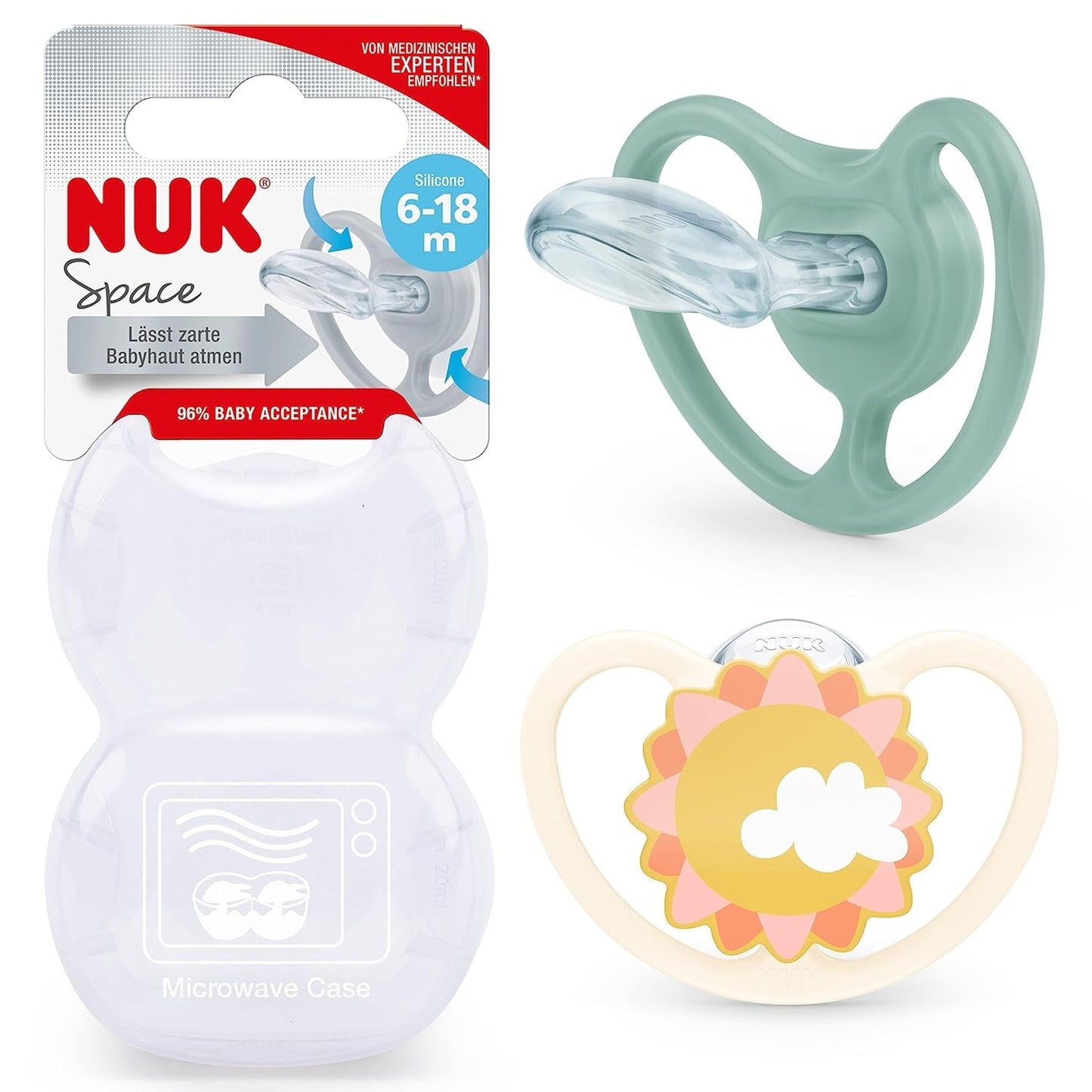 NUK Space Babynapp 6-18 månader, extra stora öppningar för känslig hud, BPA-fritt silikon, zebramönster, 2-pack