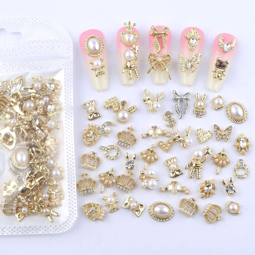 50 Stück Gold Nail Charms, Mix Styles Glitzersteine Nägel Perle Legierung Nagel Steine Blume Schmetterling Strasssteine Nägel Herz Stern Nagel Charms DIY Nail Art Zubehör Frauen Nägel Deko