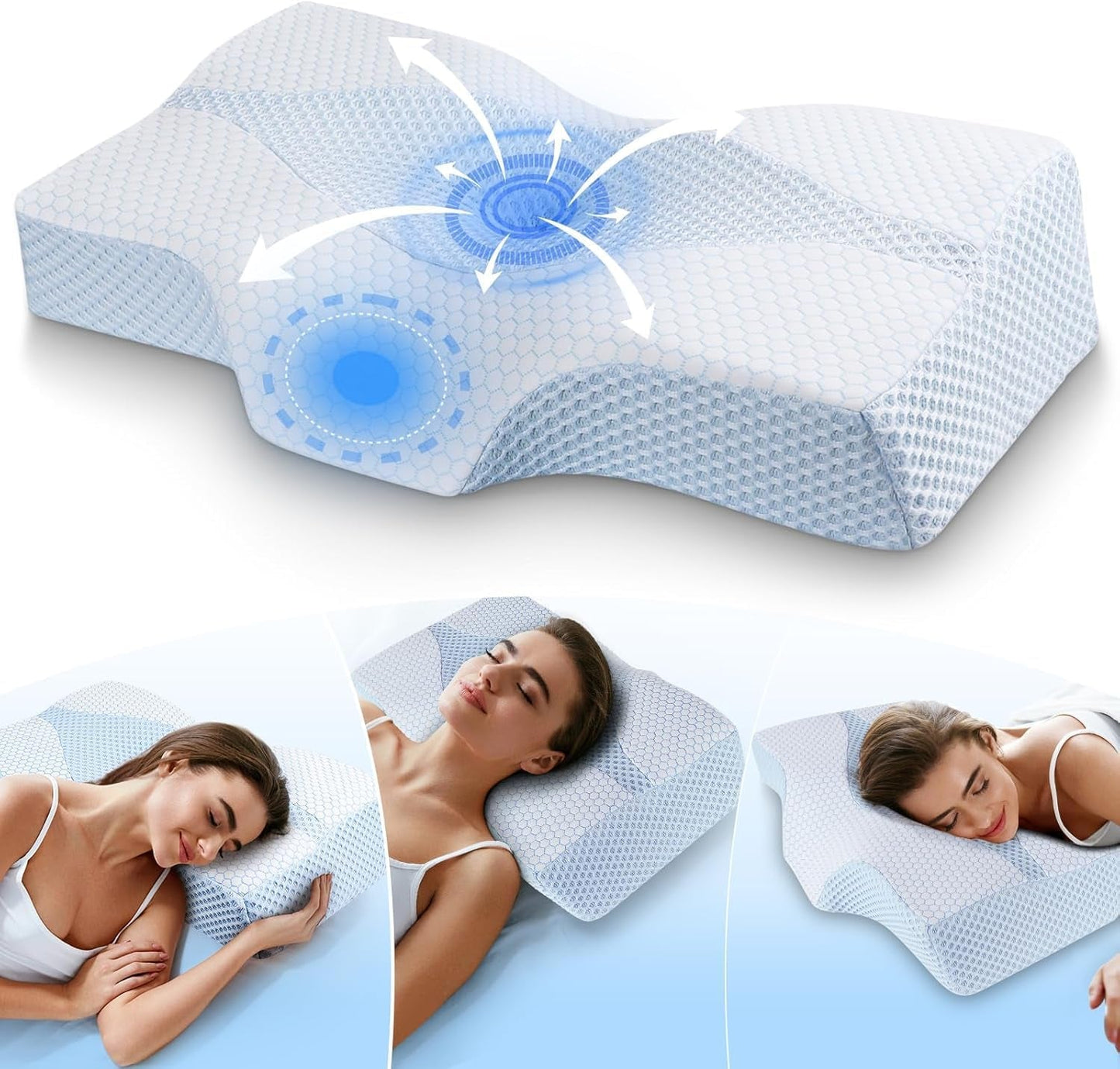 Memory Foam Nackkudde Ergonomisk ortopedisk kudde för smärta i nacke och axel - Svalkande sovkudde för sido-, rygg- och magsliprar med nackstöd Cervikala ortopediska kuddar Naty Shop 02-Blå 63.5Cm*40.6Cm*10.7/13.2Cm
