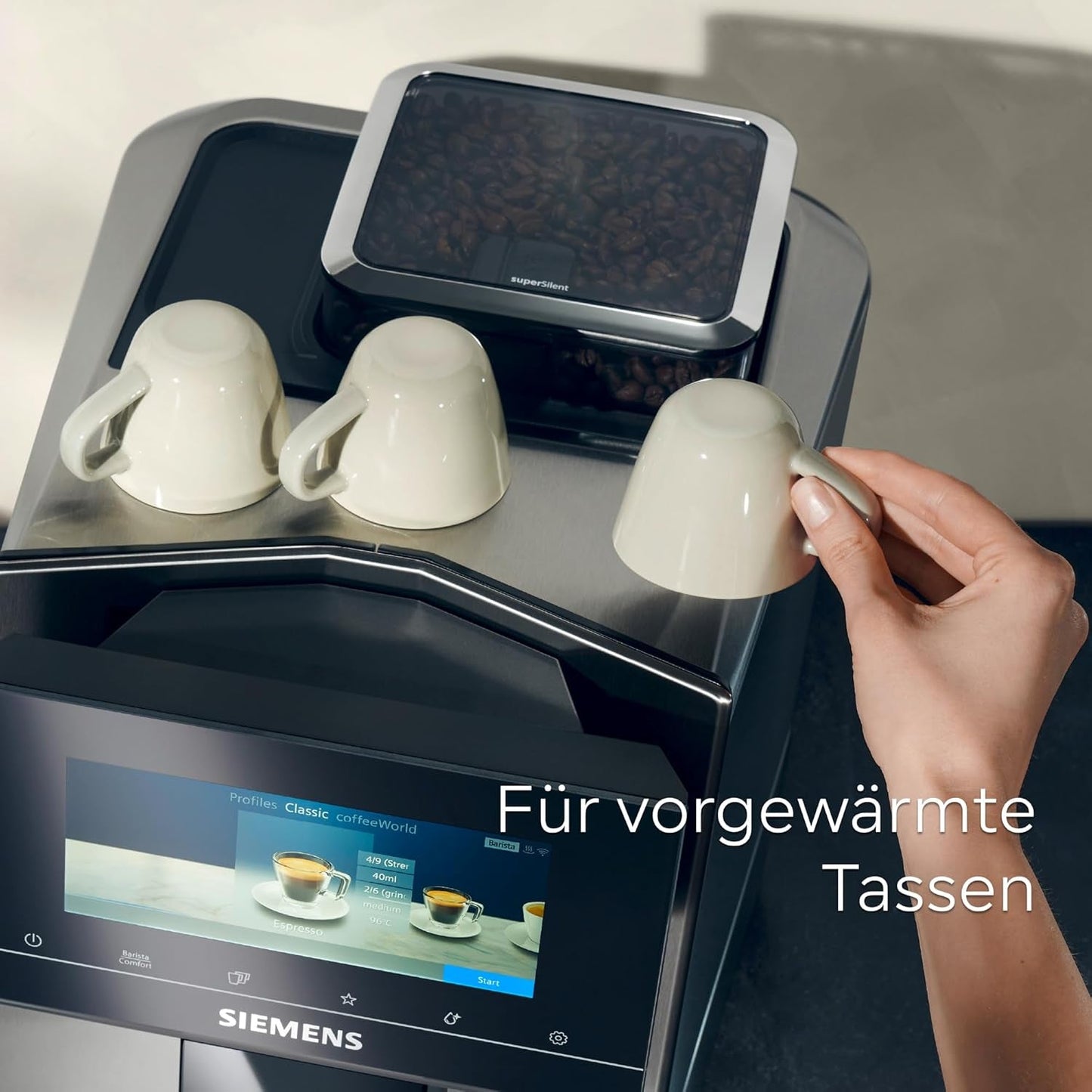 Siemens EQ900 TQ903D03 Automatisk espressomaskin, Appkontroll, Intuitiv Touch Display, Barista Mode, AromaBoost, Brusreducering, Premium Grinder, Automatisk Ångrengöring, 1500 W, Rostfritt stål
