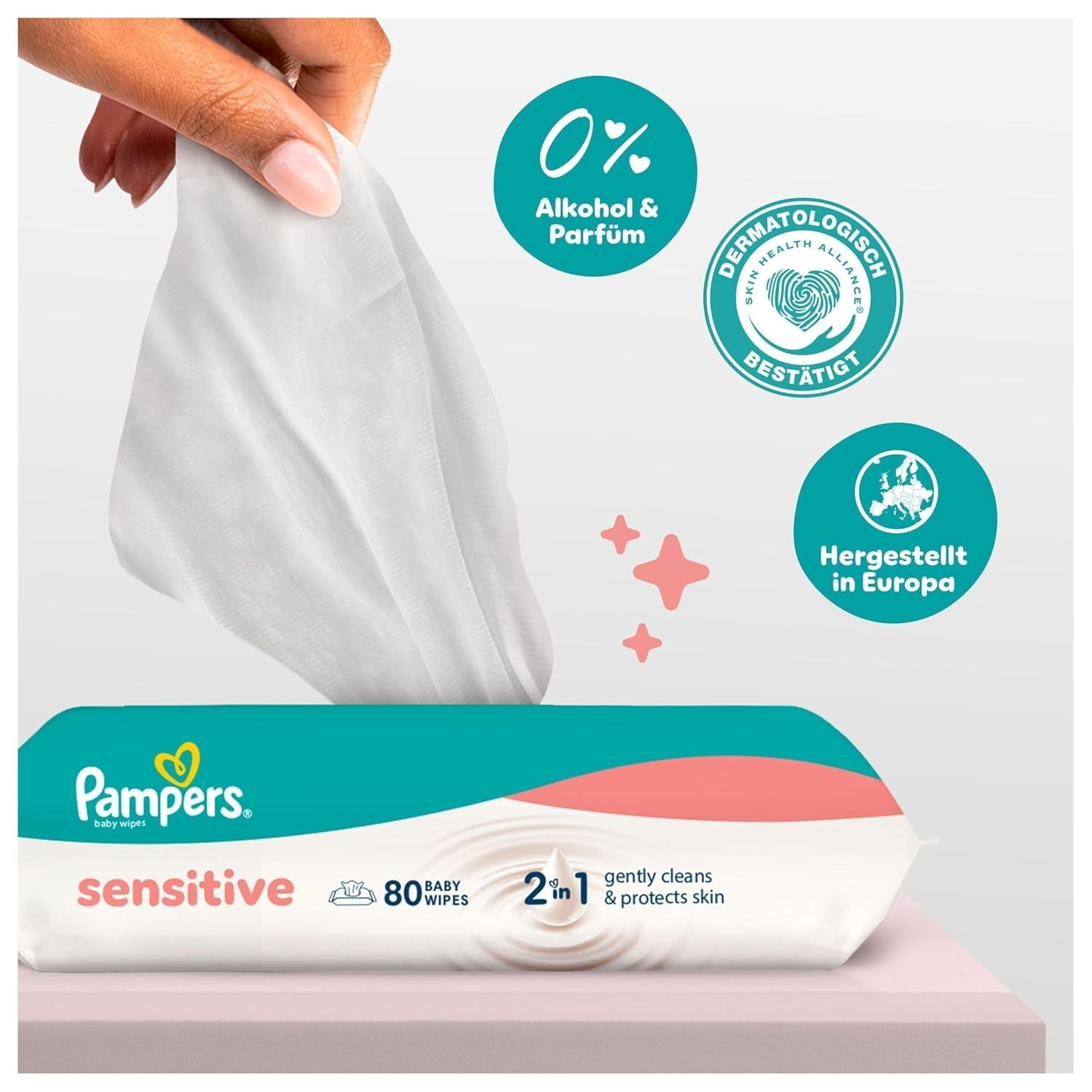 Pampers Sensitive Wet Wipes, 6 förpackningar med 80 våtservetter = 480 våtservetter, oparfymerade, för skonsam, skonsam rengöring