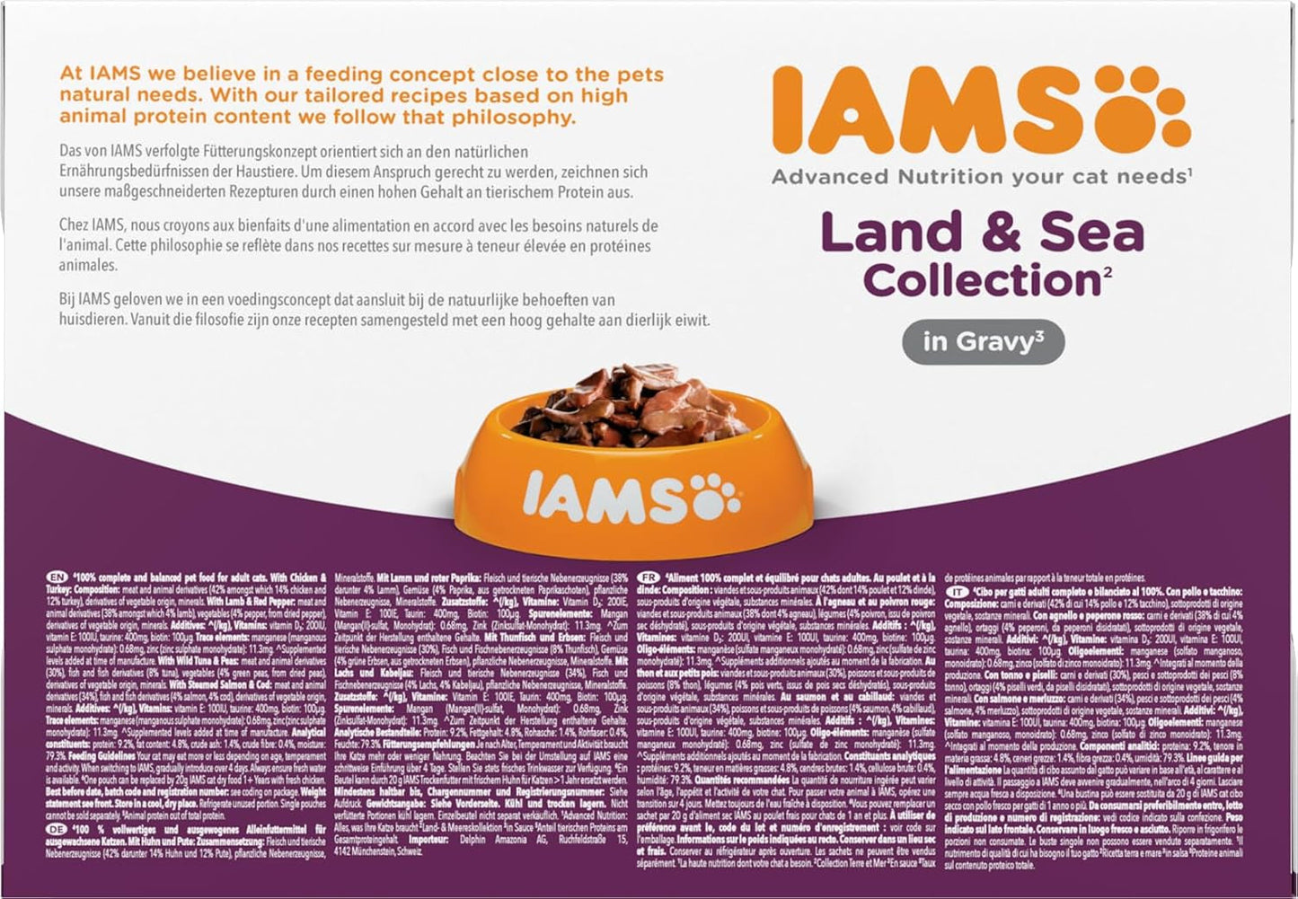 IAMS Delights Land & Sea Collection Wet Cat Food - Kött- och fisksortiment Multipack i sås, våtfoder för katter 1 år och äldre, 12 x 85g