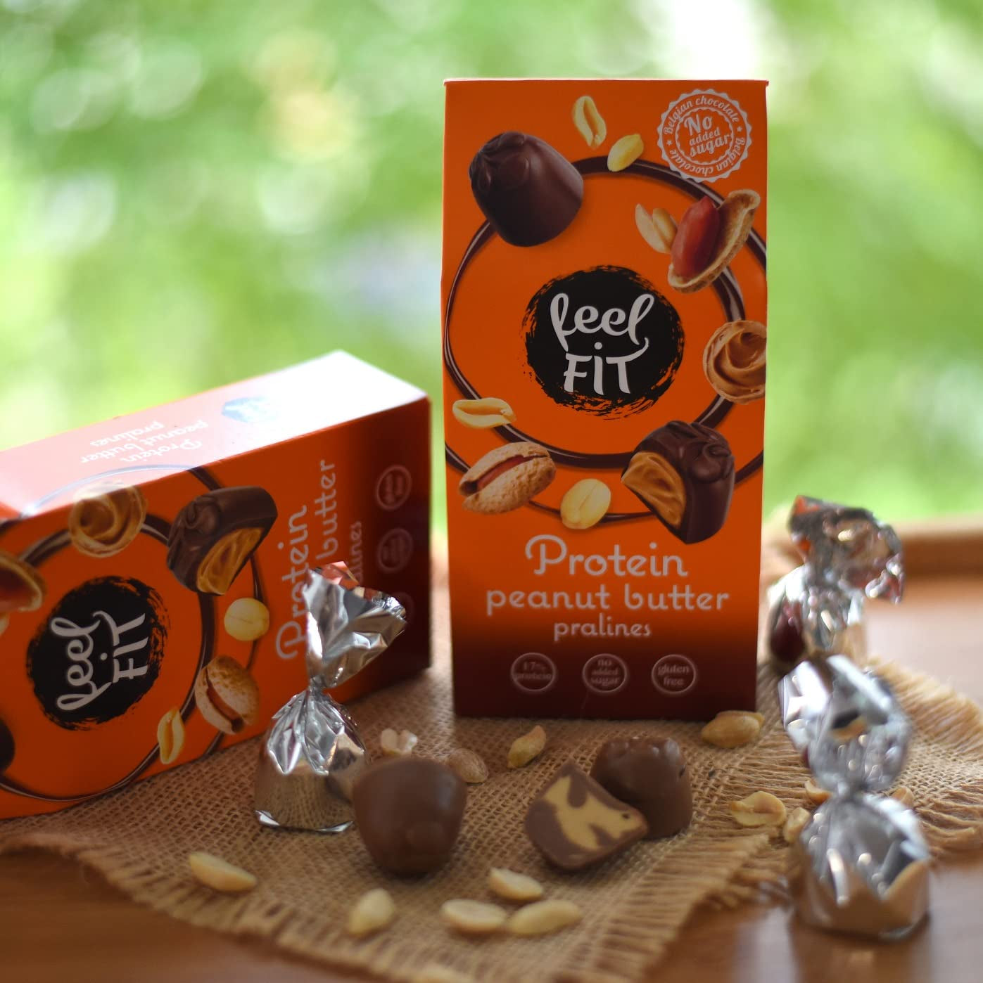 Feel FIT Jordnötssmörproteinpraliner i högkvalitativ mjölkchoklad, utan tillsatt socker, 17 % protein, glutenfri 66g (1 förpackning)