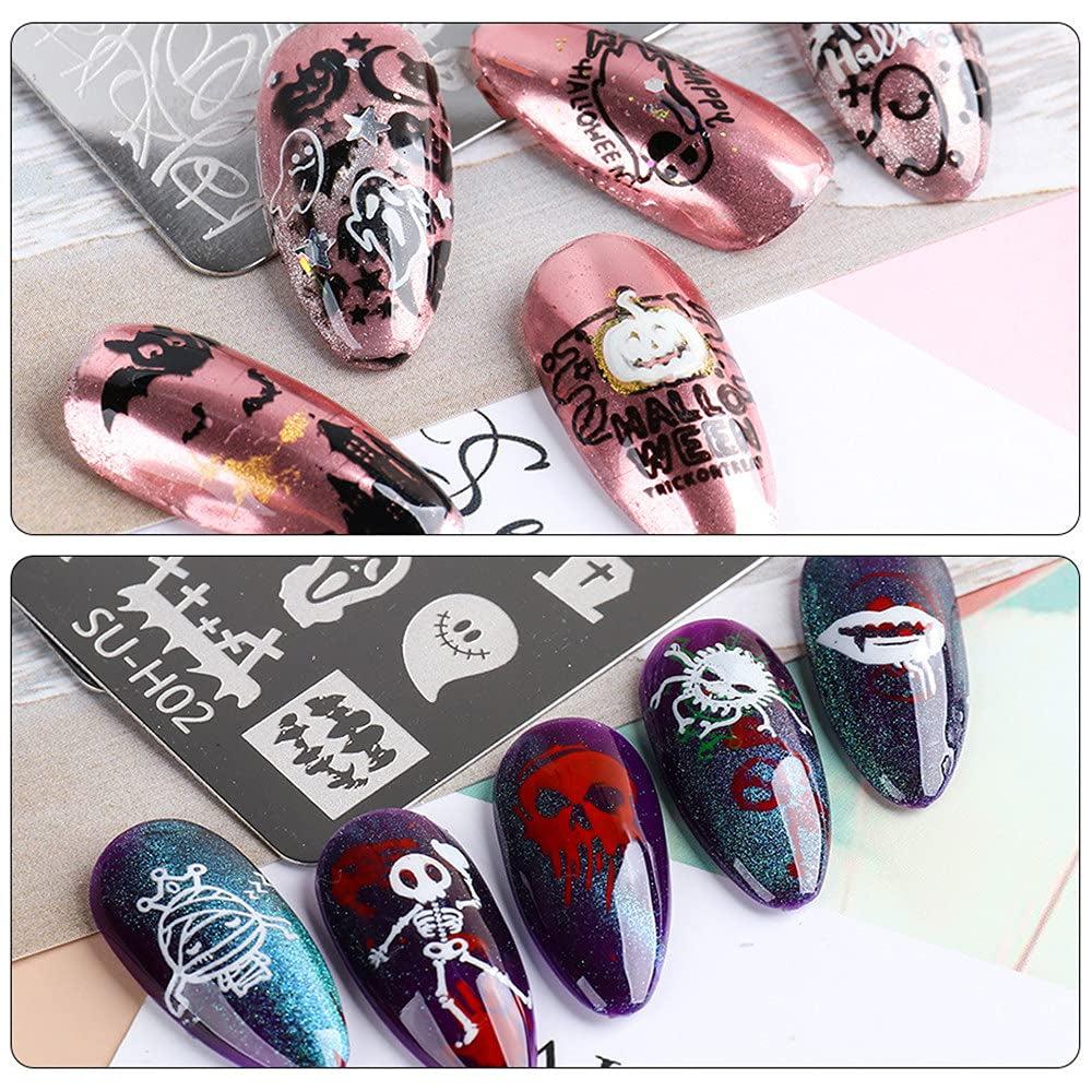 JMEOWIO Nail Stamping Stencils Halloween 6 Stück Nagelstempel Stencils Nail Art Dekoration Nageldesign Zubehör Böse Gruselige Kürbis-Geisterhexe