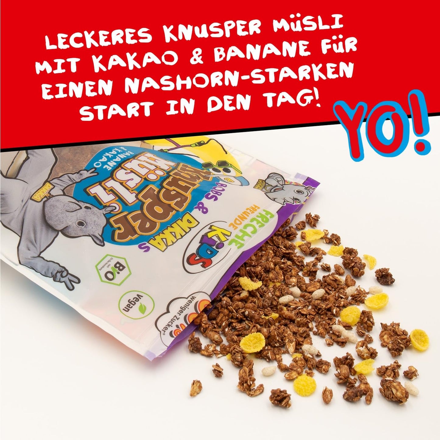 FRECHE FREUNDE KIDS, Bobs & DIKKAs Crunchy Banana Cacao Müsli, Crunchy Chocolate Müsli för barn, Lågt socker, Inga tillsatser, 100 % vegansk, 6 bitar (6 x 280 g)