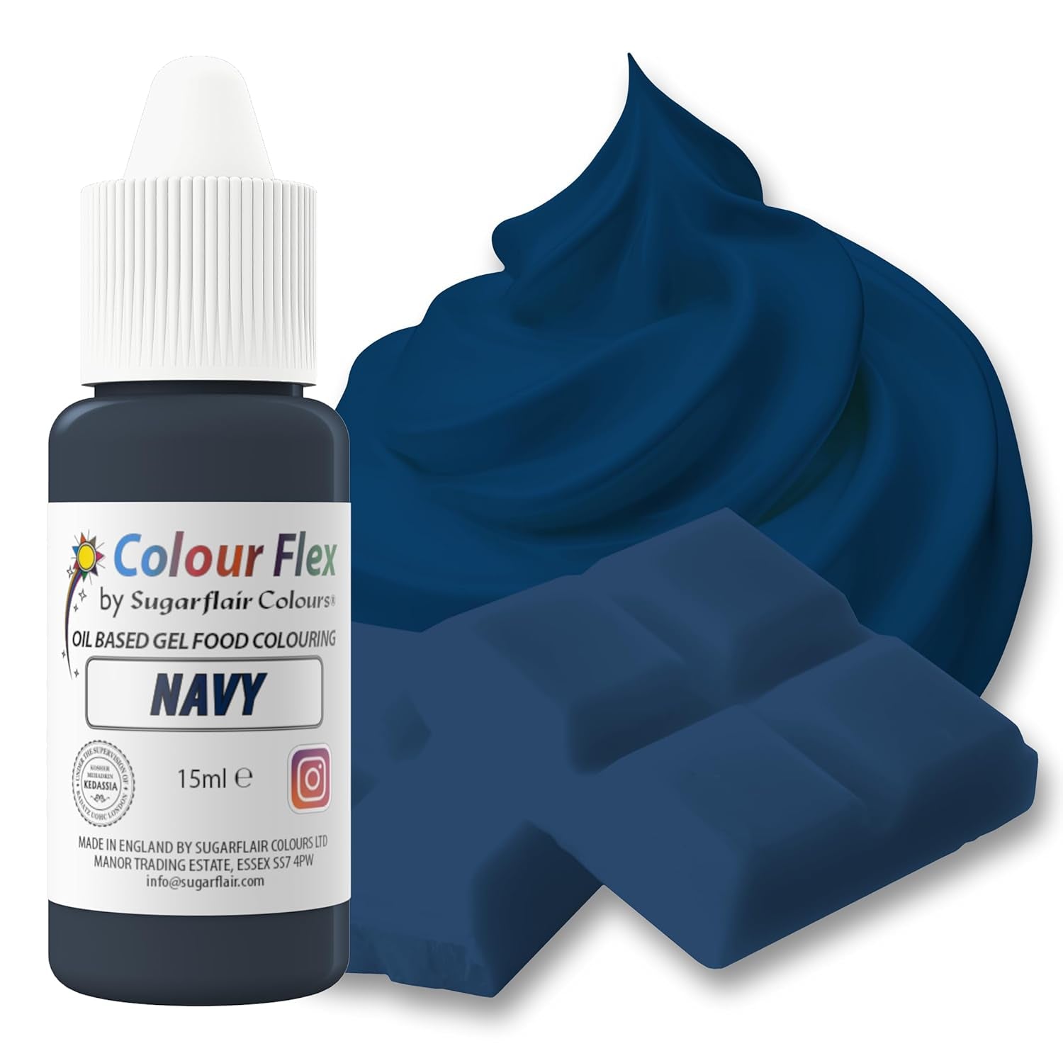 Sugarflair Colourflex oljebaserad livsmedelsfärg, marinblå, högkoncentrerad flytande livsmedelsfärg, matfärg för smörkräm, choklad, deg, fondant, glasyr och mer - 15 ml