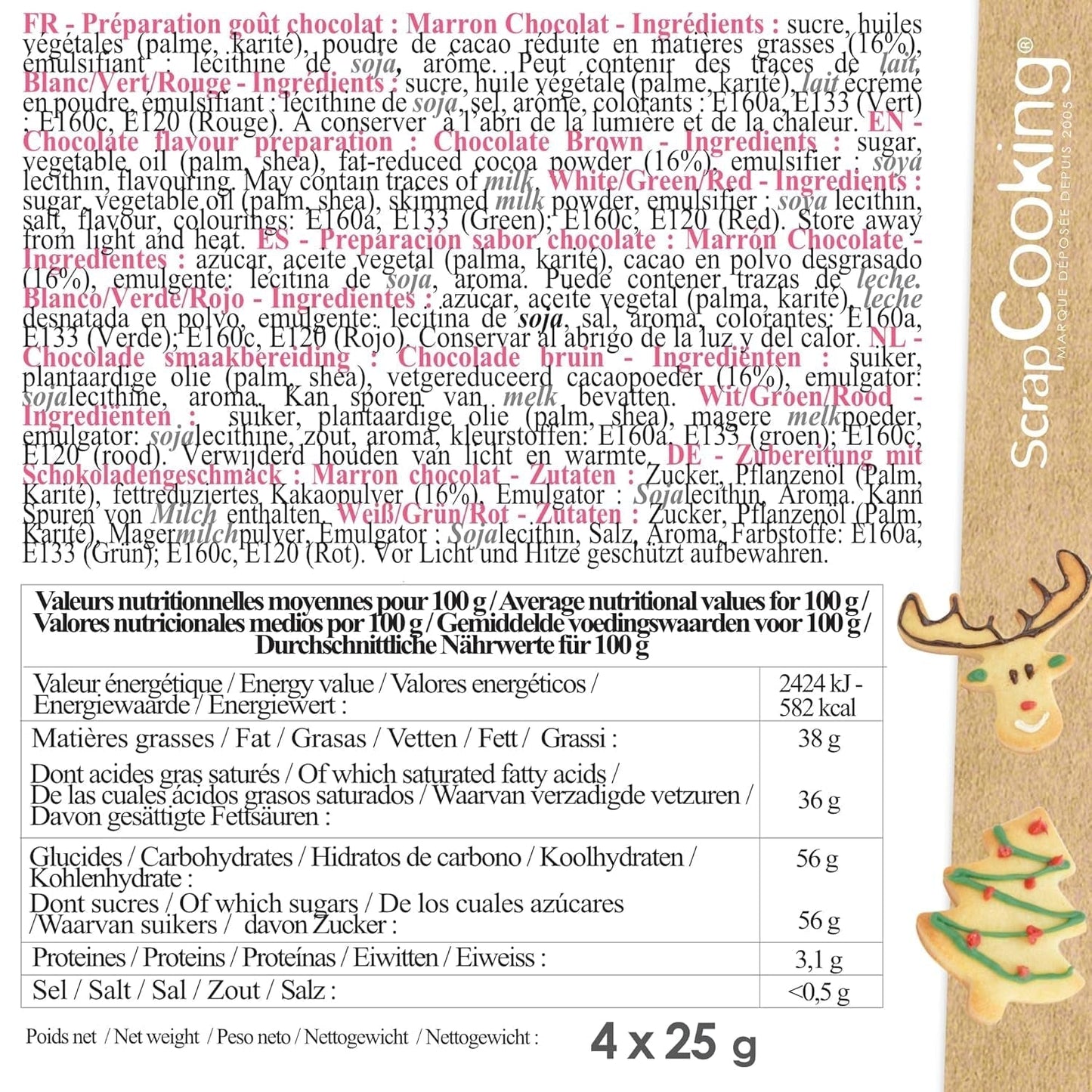 Scrapcooking - Set med 4 julchokladfärgade pennor - brun, vit, grön och röd - Ätlig färg - matfärg för att skriva - Skriv och rita på efterrätter, kakor och kakor - 7060