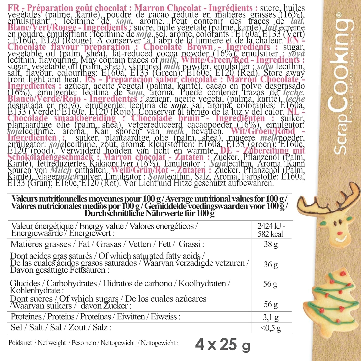 Scrapcooking - Set med 4 julchokladfärgade pennor - brun, vit, grön och röd - Ätlig färg - matfärg för att skriva - Skriv och rita på efterrätter, kakor och kakor - 7060