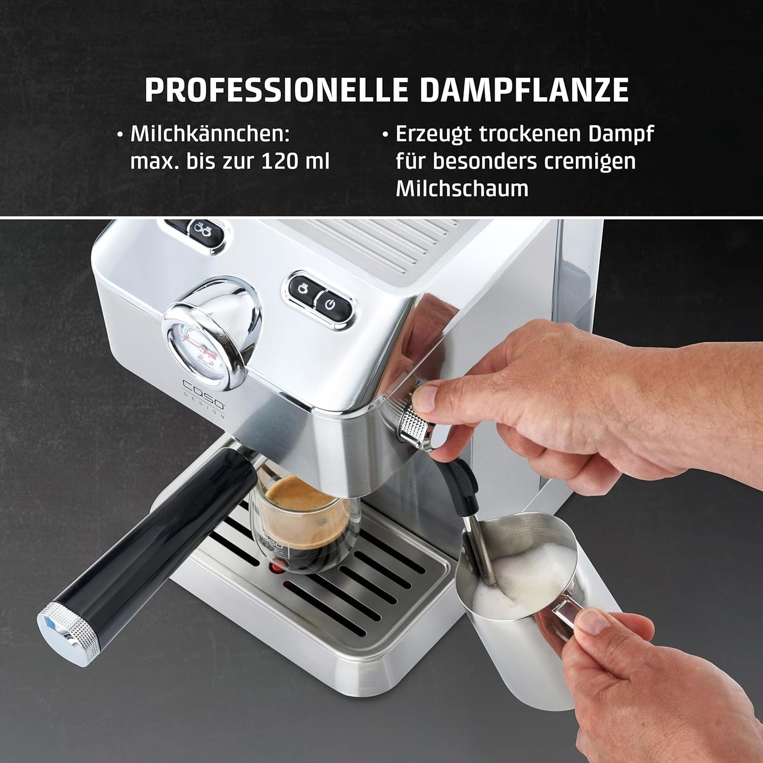 Caso Espresso Gourmet - Portafilter Espressomaskin i rostfritt stål, kraftfull 19 bars Ulka-pump, med mjölkskummare, för malet kaffe eller ESE-kaffekapslar, för 2 koppar, med koppvärmare
