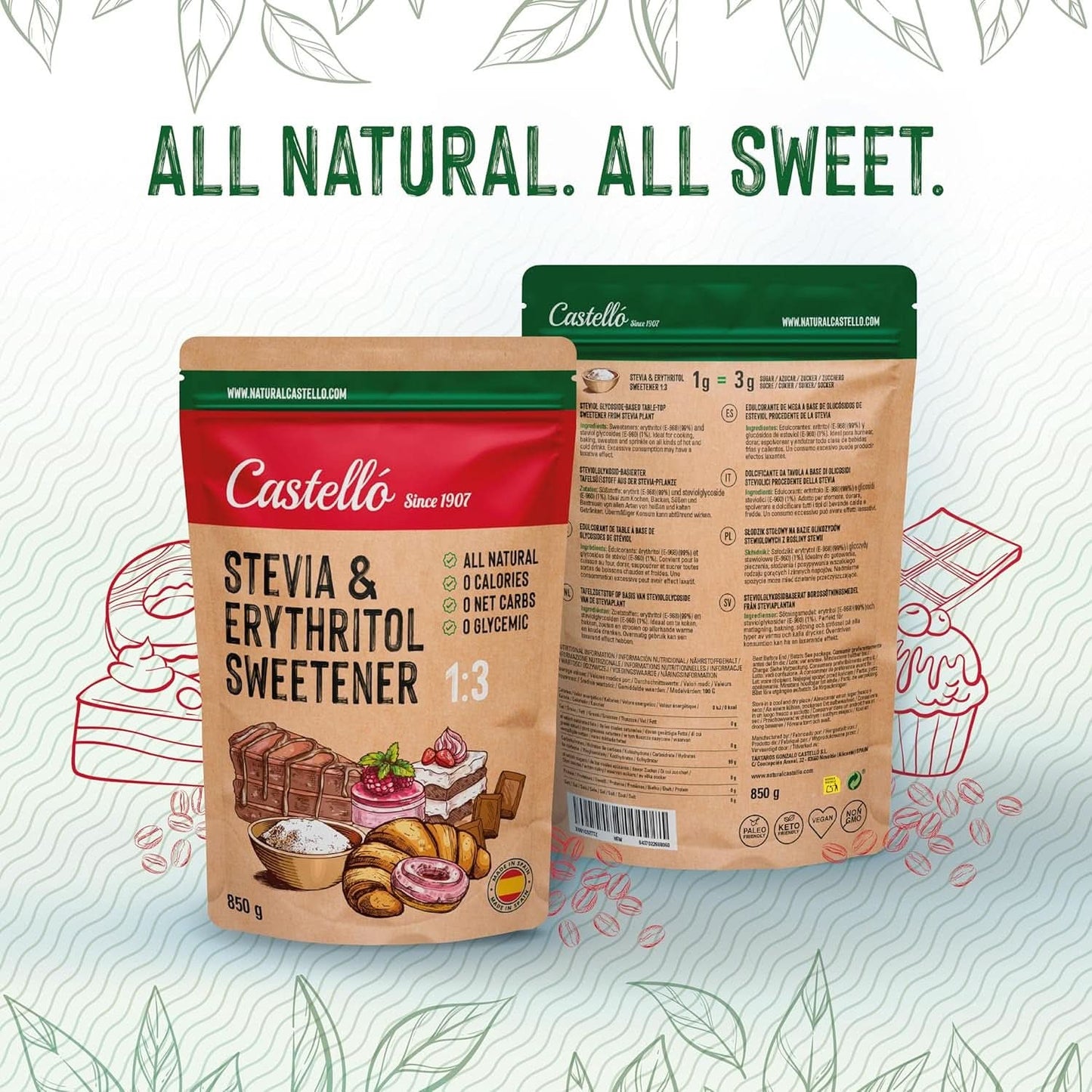 Stevia + Erythritol 1:3 Sötningsmedel, 1G = 3G Socker, 850 gram Sötningsmedel Naty Shop