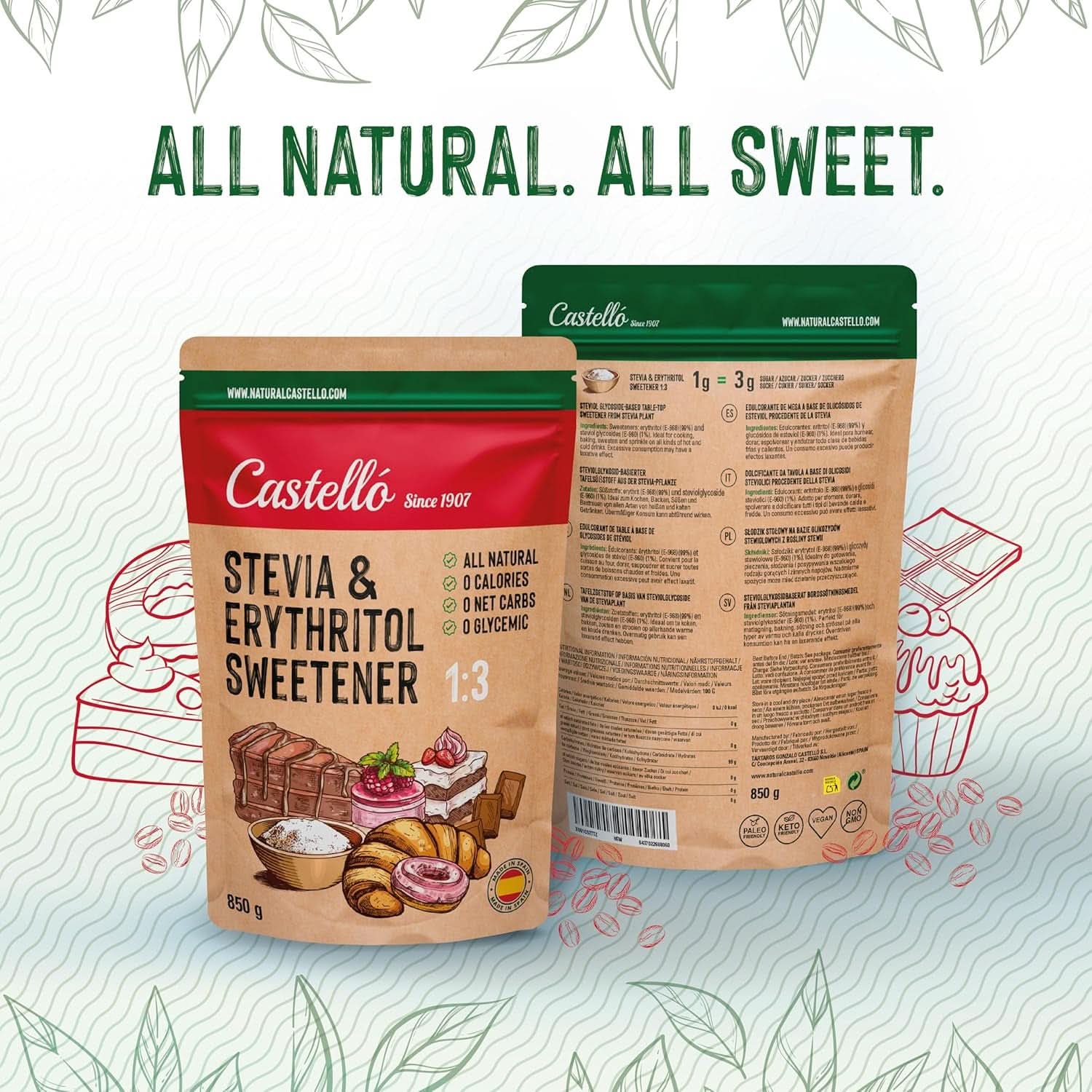 Stevia + Erythritol 1:3 Sötningsmedel, 1G = 3G Socker, 850 gram Sötningsmedel Naty Shop