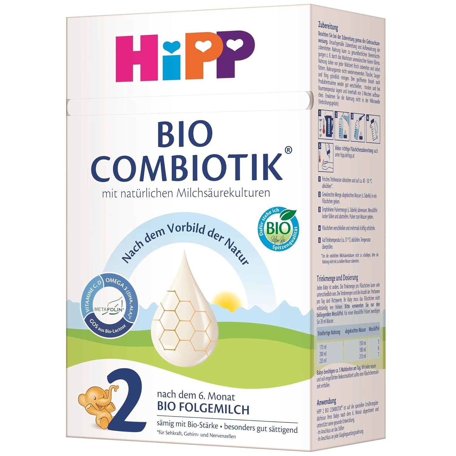 HiPP 2 Organic Combiotik (4 x 600g), tillskottsmjölk efter 6 månader, med stärkelse, naturliga kulturer av mjölksyra, GOS, Omega-3 (DHA, ALA), av bästa ekologiska kvalitet