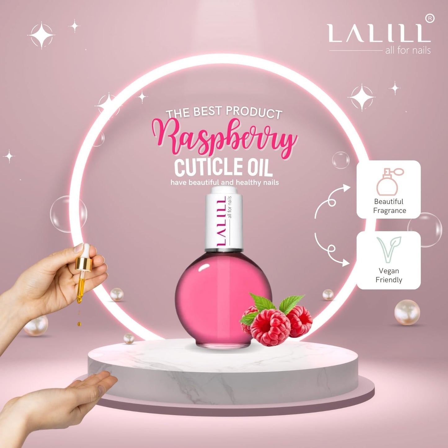LALILL Nagelbandsolja 75Ml - Himbeere Nagelpflegeöl - Nagelöl Pflege Für Nägel Nagelhaut - SPA Maniküre Nageldesign Hände - Vegansk - Med pipett