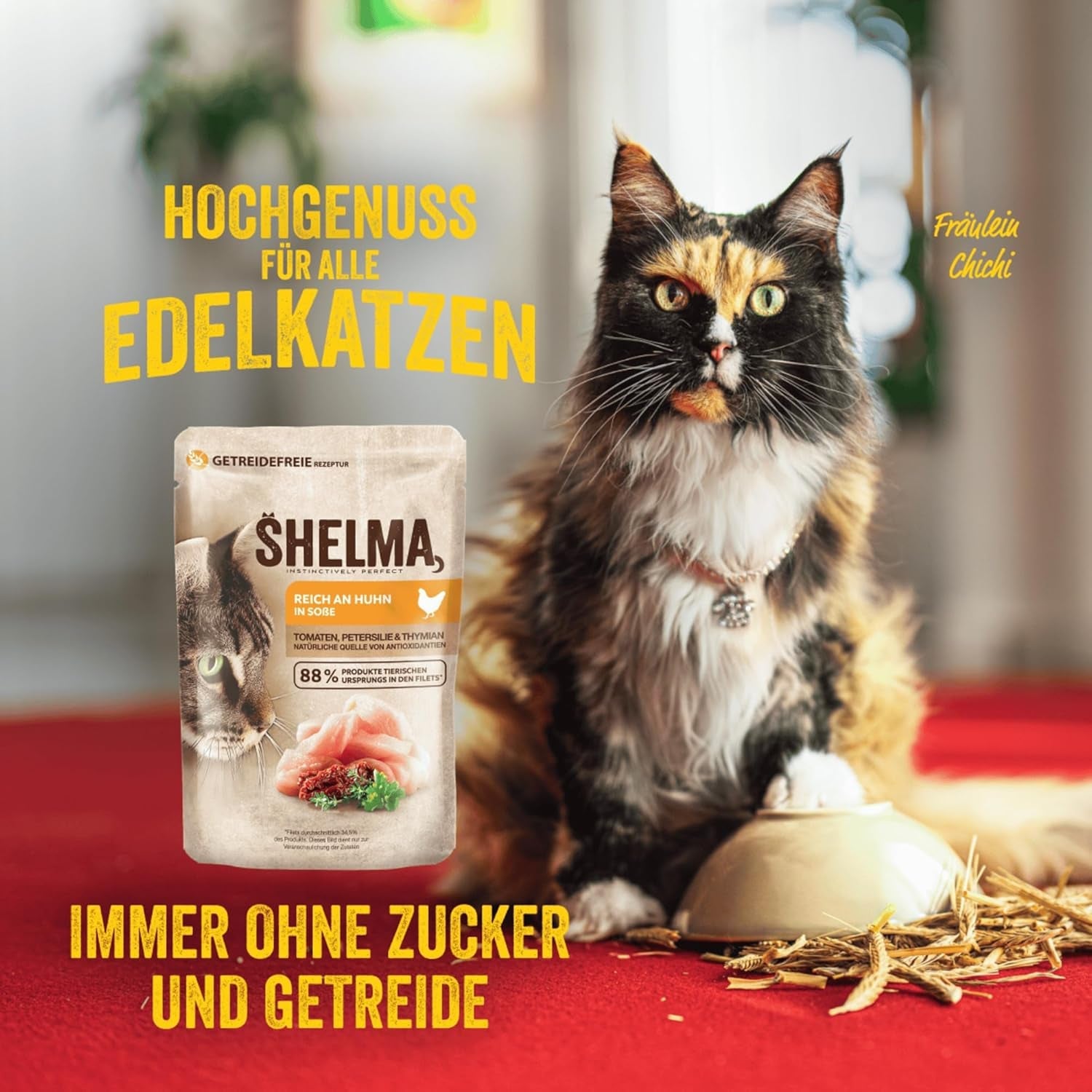Shelma våt kattmat med kyckling i tomat- och örtsås - komplett spannmålsfri foder med högt köttinnehåll - 28 x 85 g (2,38 kg)