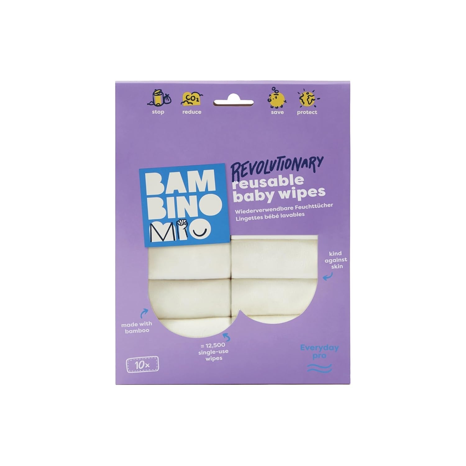 Bambino Mio återanvändbara babyservetter - Basic - Miljövänliga, Kemikaliefria, Dubbelsidiga, Tvättbara, 10-pack, Moln - Förpackningen kan variera