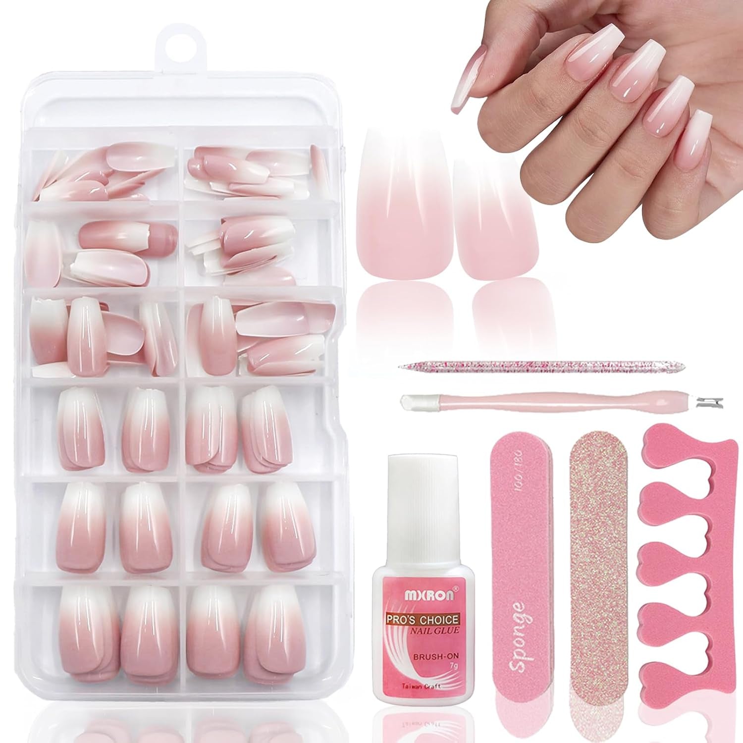 120 st Nakenrosa falska naglar med nagellim - 12 storlekar Kort oval fyrkantig press på naglar - Vackra naglar, limma på konstgjorda naglar - Lämplig för kvinnors DIY-nageldesign (Squaval Pink Gradient)