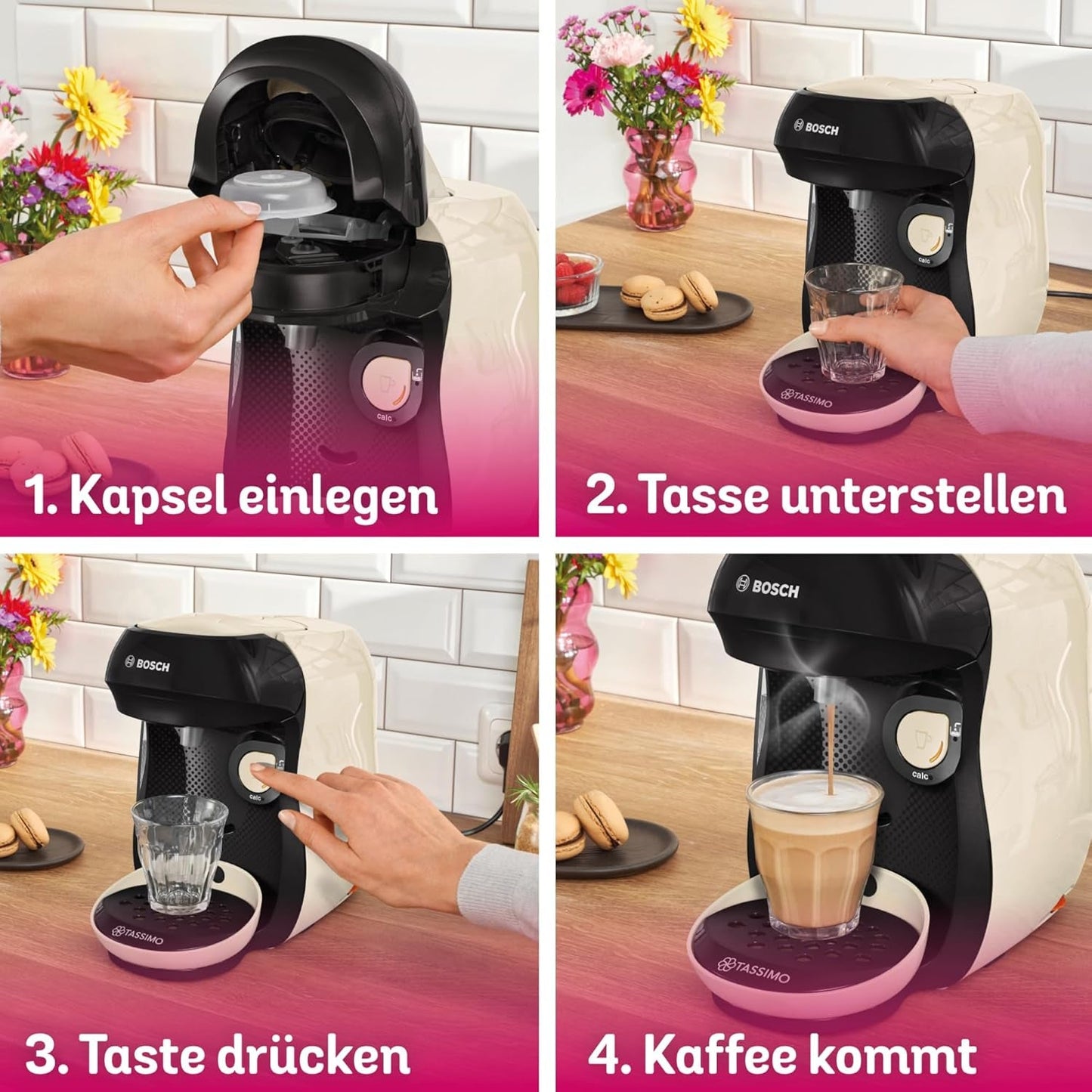 Bosch Tassimo Happy Friendly TAS107E Kapselespressomaskin, 70+ drycker, Lämplig för alla koppar, Auto-Stop, Hållbar, Perfekt Dosering, Platssparande, 1400W, Kräm/svart