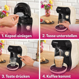 Bosch Tassimo Happy Friendly TAS107E Kapselespressomaskin, 70+ drycker, Lämplig för alla koppar, Auto-Stop, Hållbar, Perfekt Dosering, Platssparande, 1400W, Kräm/svart