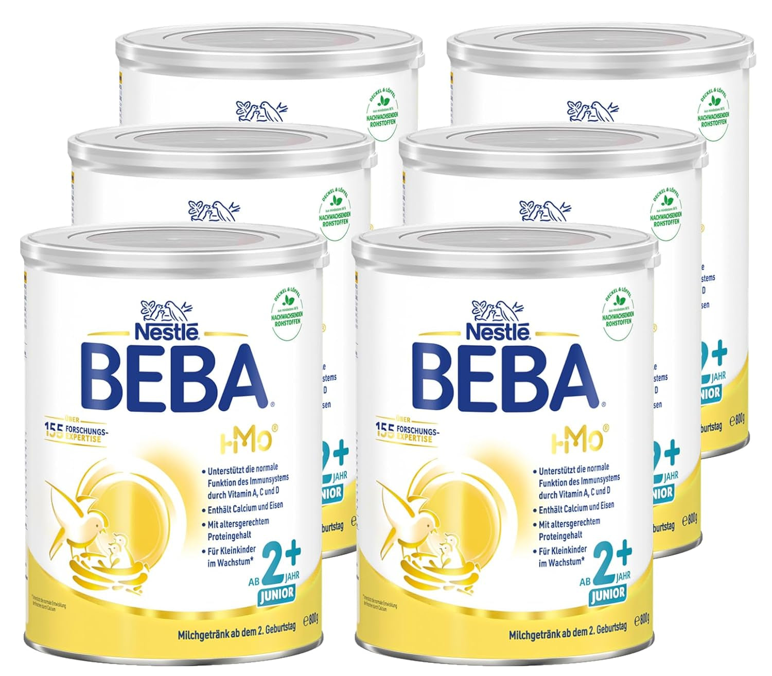 BEBA Junior 2+ mjölkdryck från 2 år, med HMO, åldersanpassat proteininnehåll, endast laktos, ingen palmolja, ingen fiskolja, småbarnsmat, babymjölkpulver, 6 st (6 x 800 g)