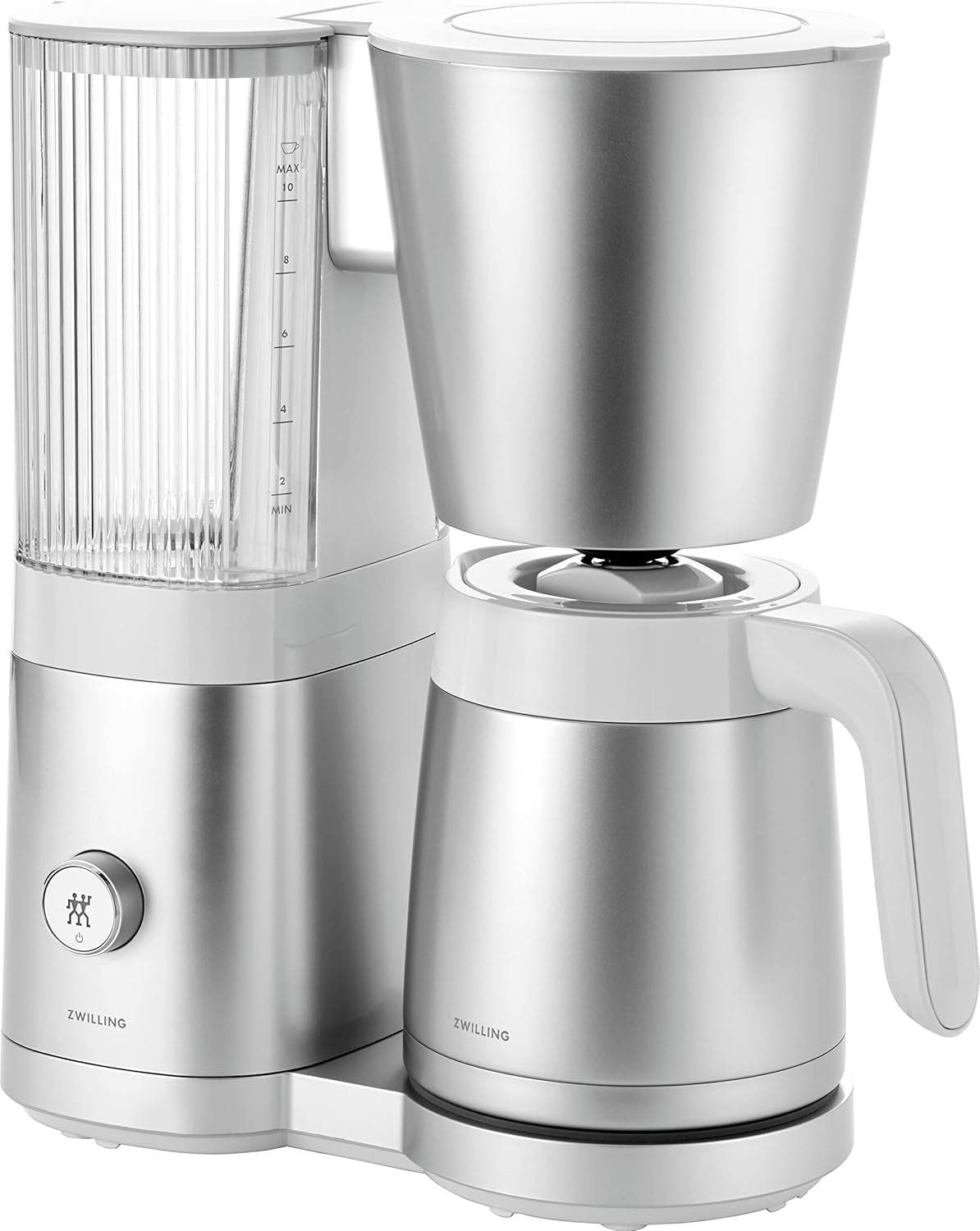 ZWILLING ENFINIGY Filter Espressomaskin med 1,5 liters glaskaraff, espressomaskin med rostfri stålpanna, blomningsfunktion och smart avkalkning, plast, silver