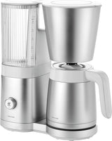 ZWILLING ENFINIGY Filter Espressomaskin med 1,5 liters glaskaraff, espressomaskin med rostfri stålpanna, blomningsfunktion och smart avkalkning, plast, silver