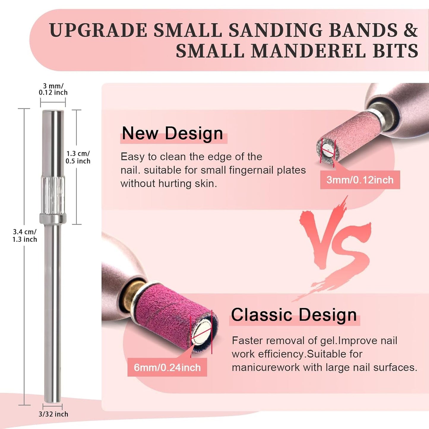 BLESWIN 100 st Små slipband för spikborr, finkornig 240 st med 2 st 3 mm borr, minislipband för polering av naturliga naglar och rengöringsnagelband för prep, rosa