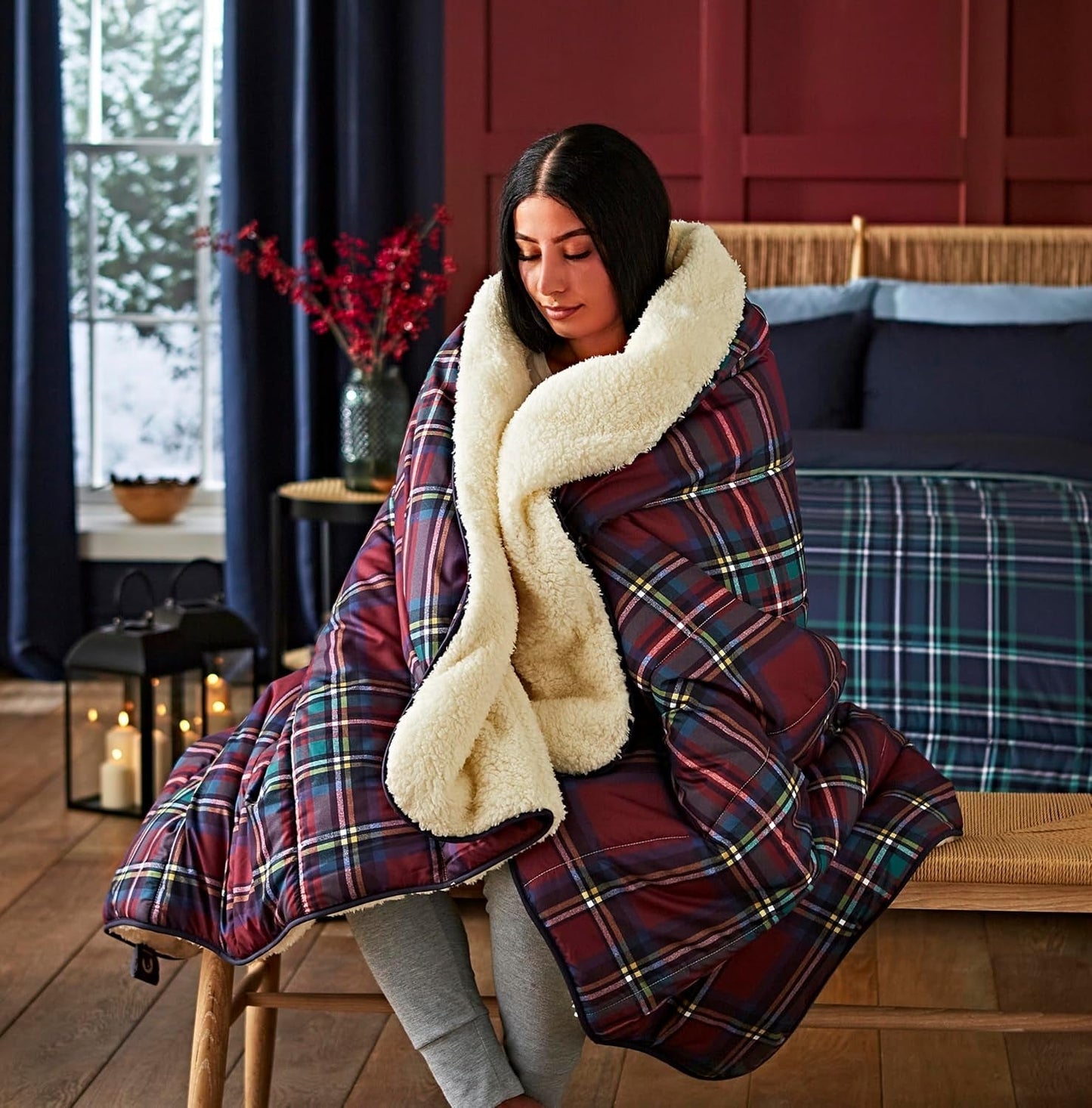 Night Lark Cozy Sherpa Fleecefilt, Klassisk Röd Tartan, 9 Tog, Lyxig, Fluffig, Tjock Och Vändbar, Perfekt För Soffa, Säng, Soffa, Soffa. Allergivänlig, maskintvättbar, Storlek: Sängar och täcken Night Lark klassisk röd tartan Enkelsäng