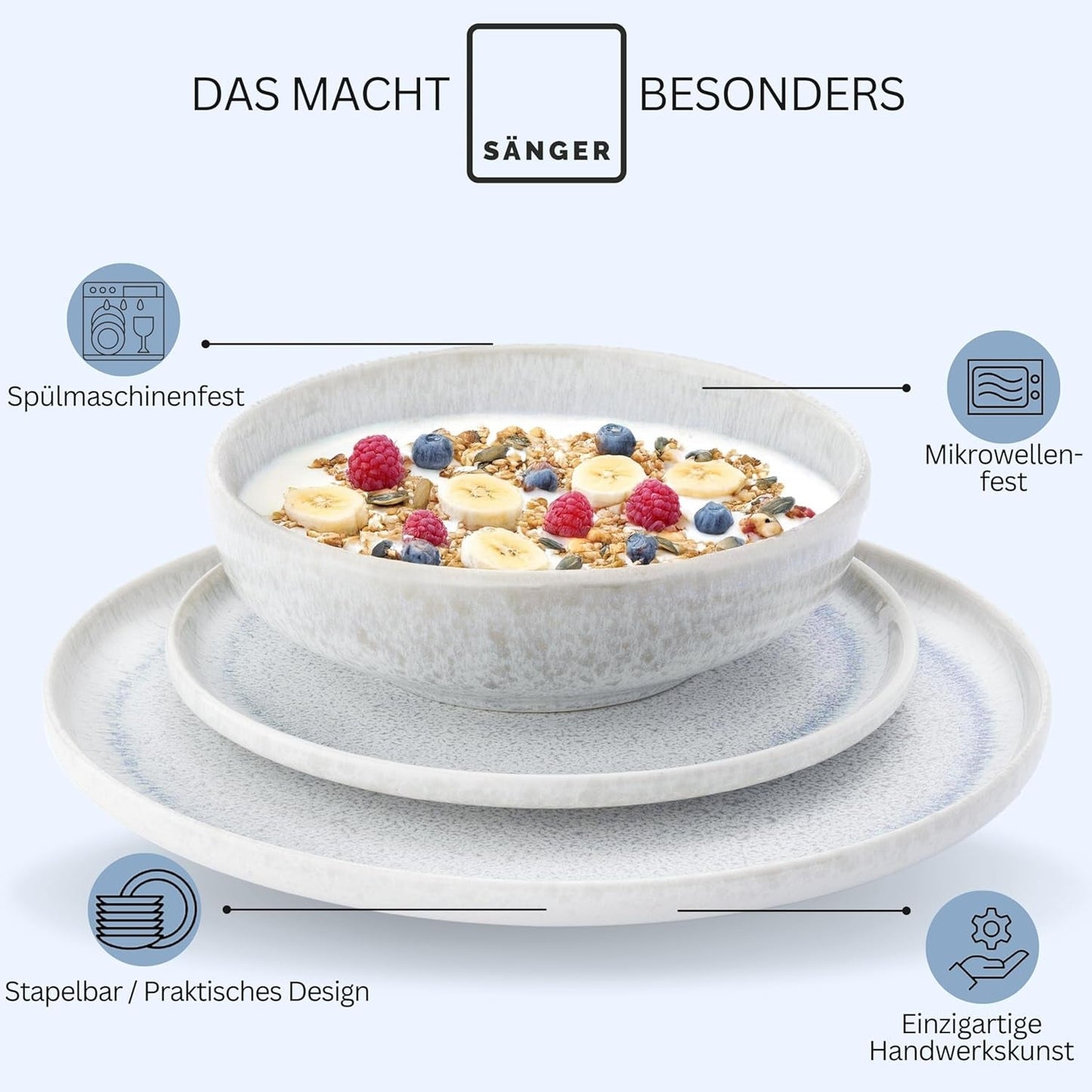 SANGER | 12 delar Santorini servisset 4 personer tallrik set MYCKET BRA betygsatt stengods servis set inklusive middagstallrikar, desserttallrikar och suma tallrikar Creme Lila Blå Gradient | PREMIUM KOLLEKTIONEN