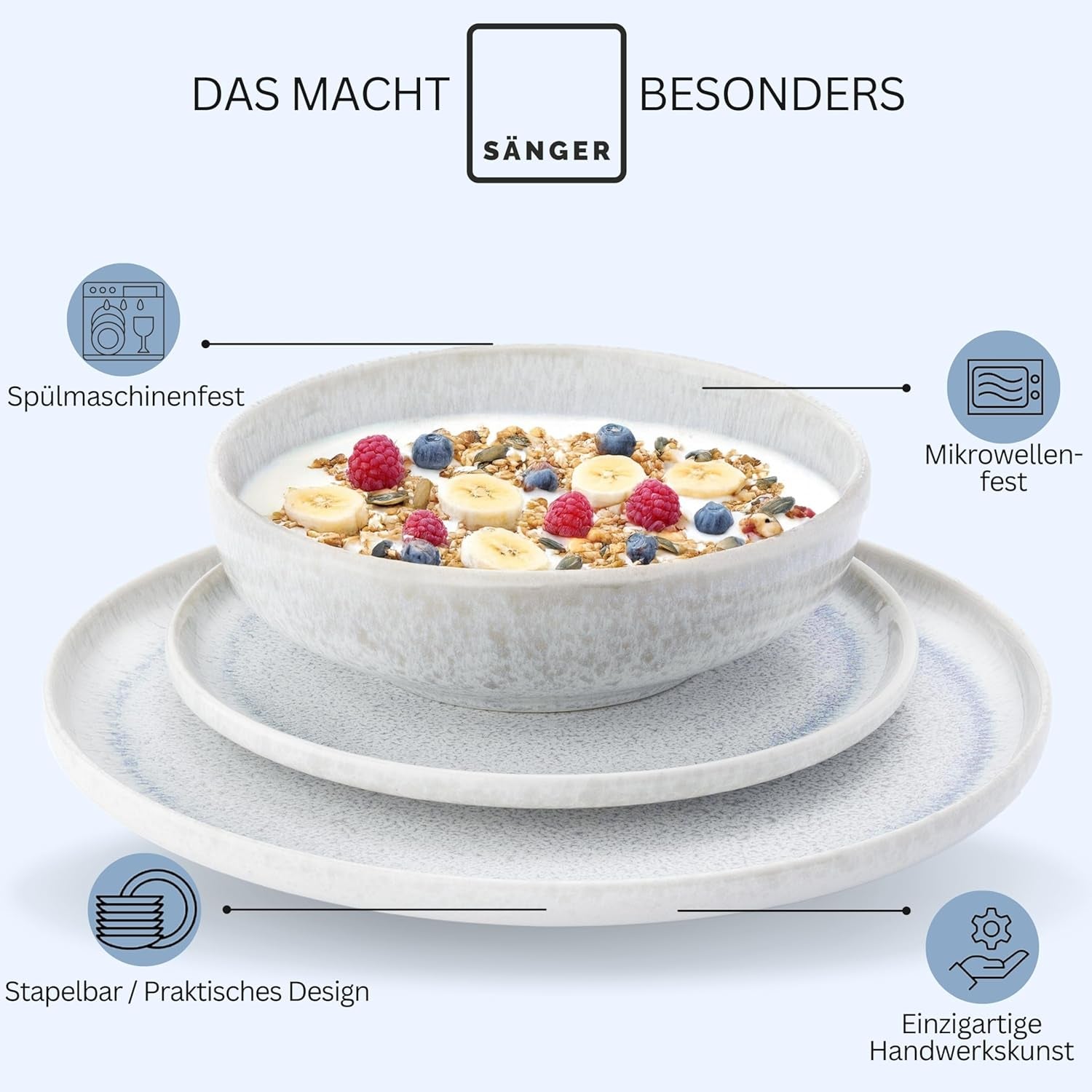 SANGER | 12 delar Santorini servisset 4 personer tallrik set MYCKET BRA betygsatt stengods servis set inklusive middagstallrikar, desserttallrikar och suma tallrikar Creme Lila Blå Gradient | PREMIUM KOLLEKTIONEN