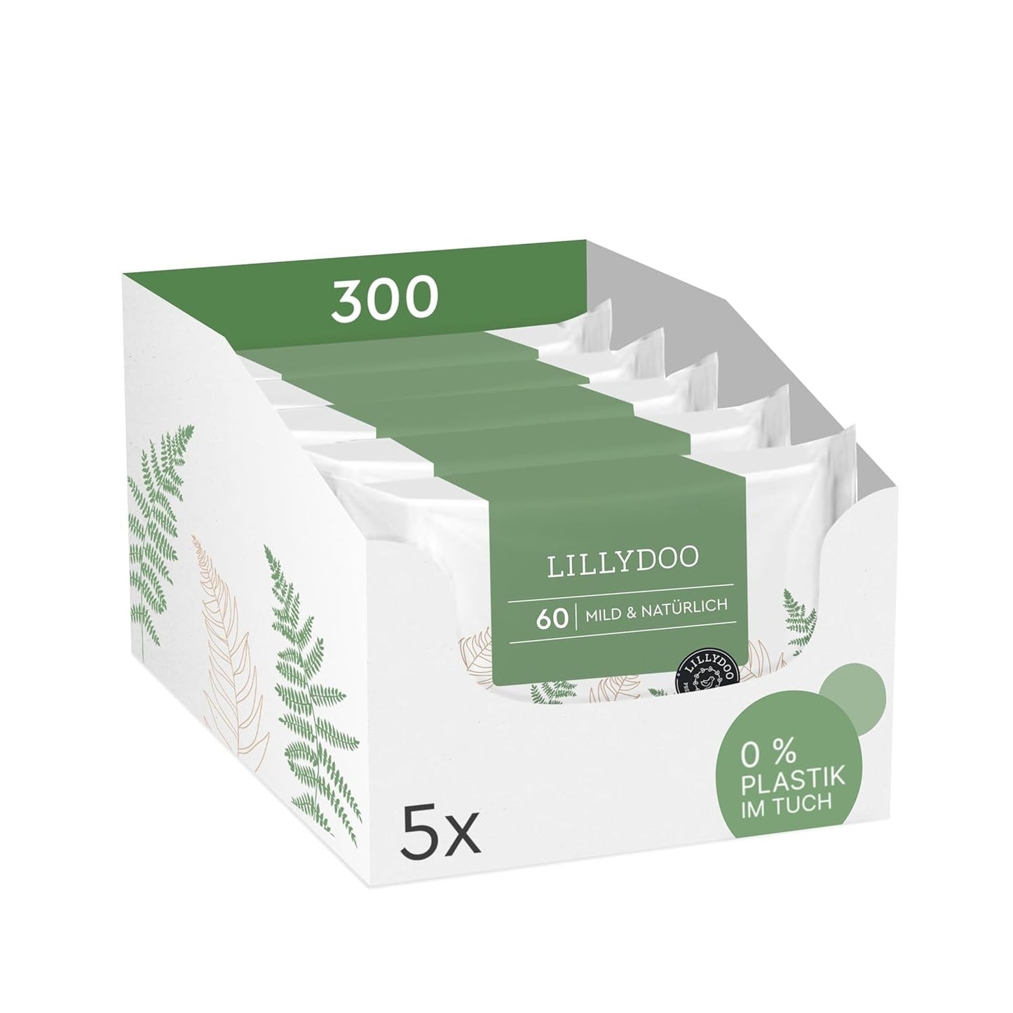 LILLYDOO Gröna våtservetter, 600 antal (10 x 60), 100 % plastfri tårbeständig våtservett - Doftfri, skonsam och naturlig, skonsam rengöring för känslig hud, dermatologiskt testad